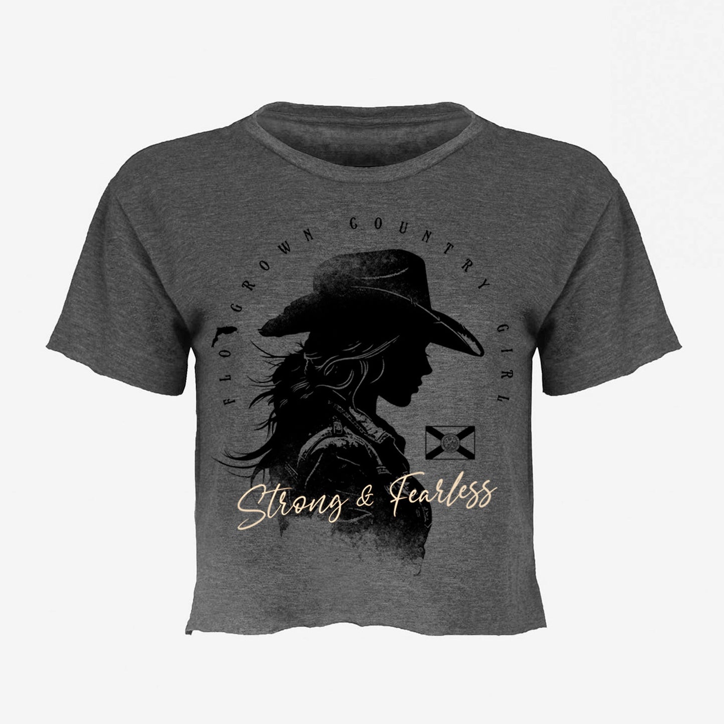 Gray t-shirt with a graphic of a woman in a cowboy hat and text and text 'Strong & Fearless'.