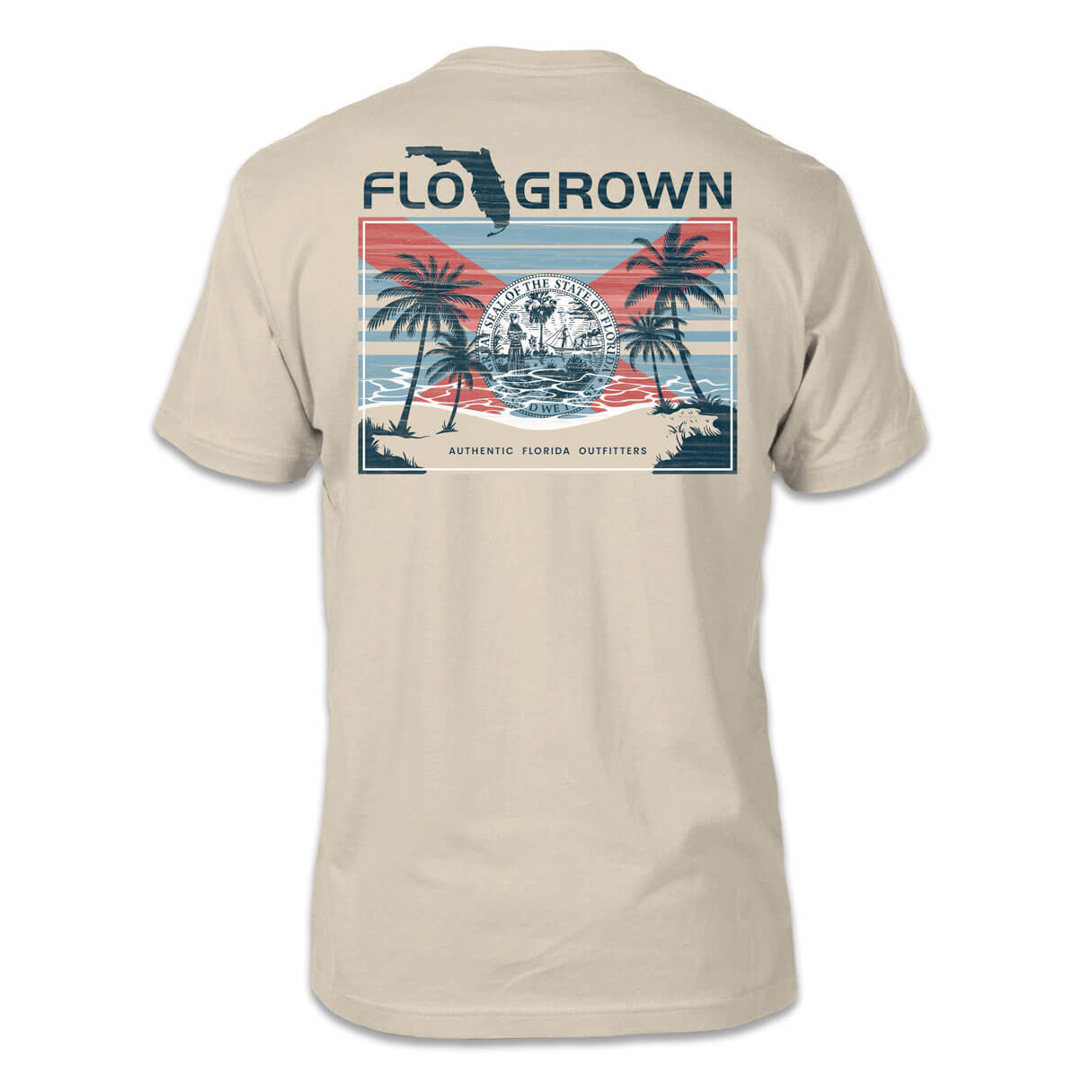 Back of beige t-shirt with geometric beach scene with Florida flag rising as the sun.