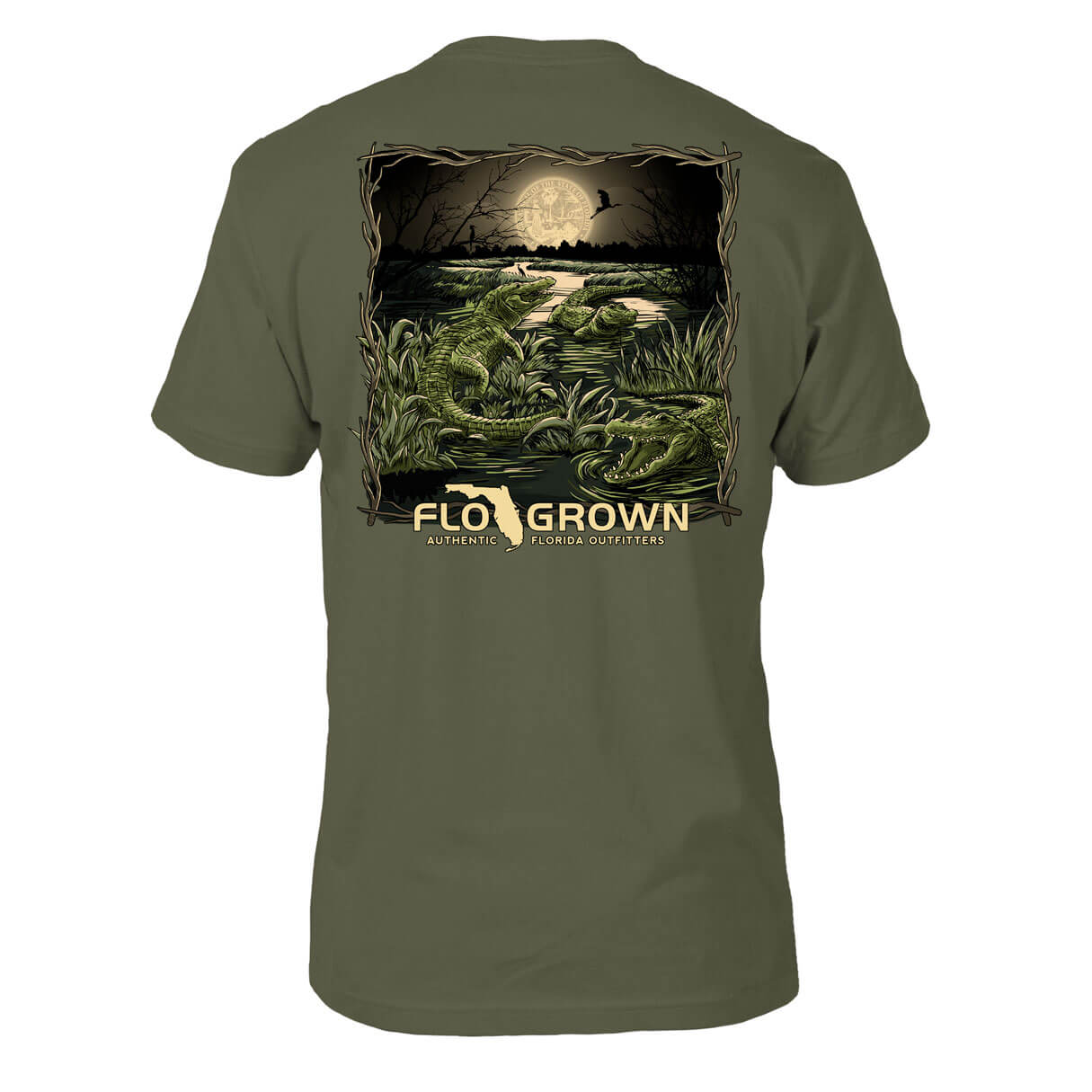 Green t-shirt with a swamp scene containing gators and the Florida seal as the moon and the FloGrown logo