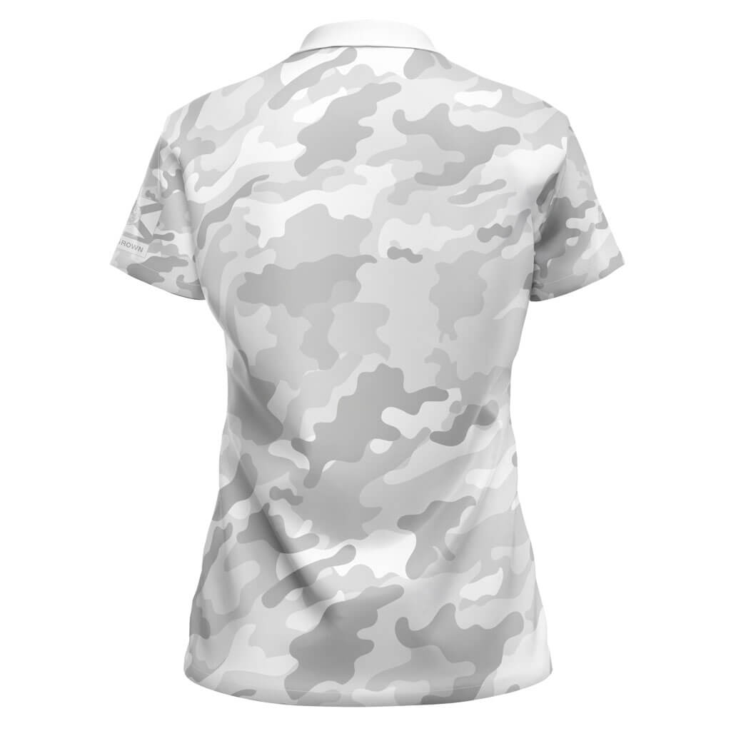 The back of a women's golf polo shirt with a camouflage pattern in shades of gray and white, featuring a collar and short sleeves.