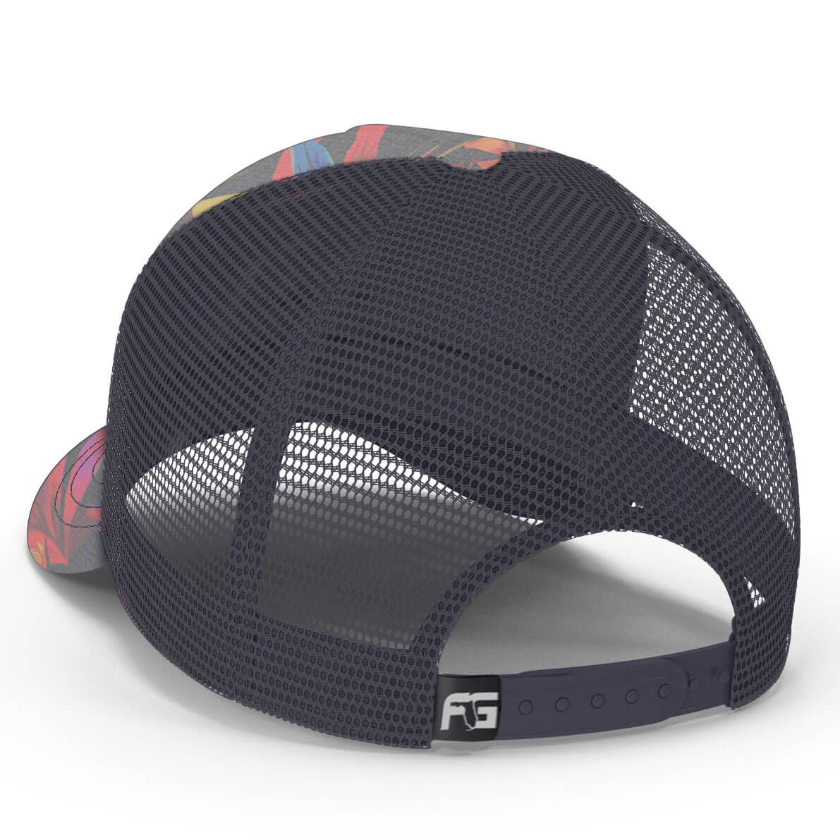 Back view showing a black mesh backing and adjustable snapback.