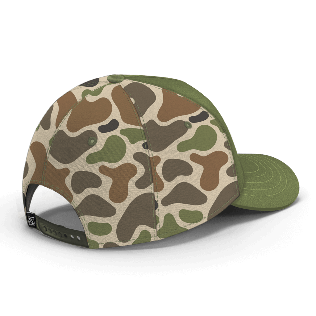 Back view showing camouflage backing and snapback.