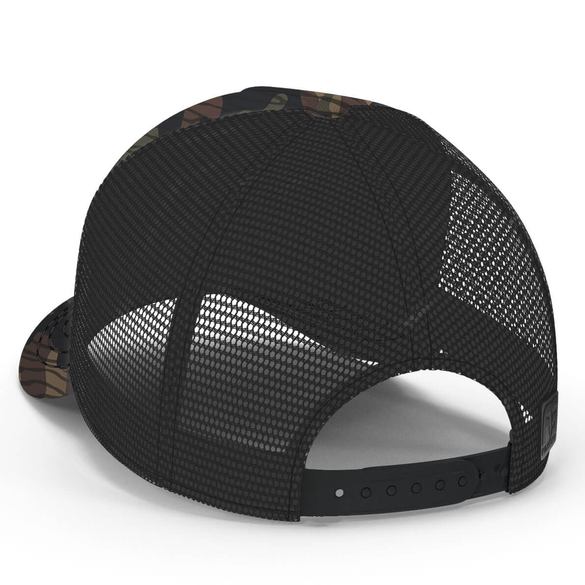 Back view showing black mesh trucker backing with a black adjustable snapback.
