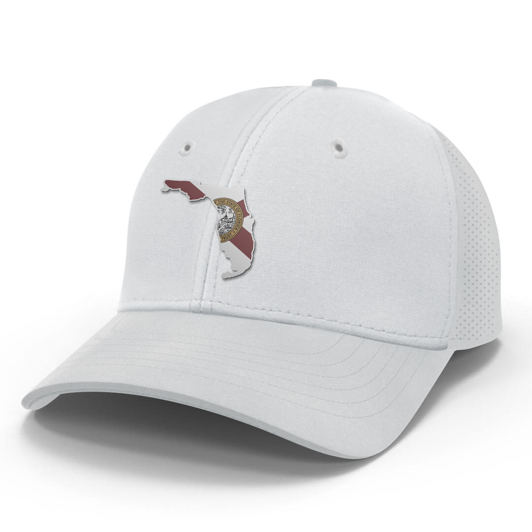 A white women's performance hat with a Florida outline patch and the Florida flag within it