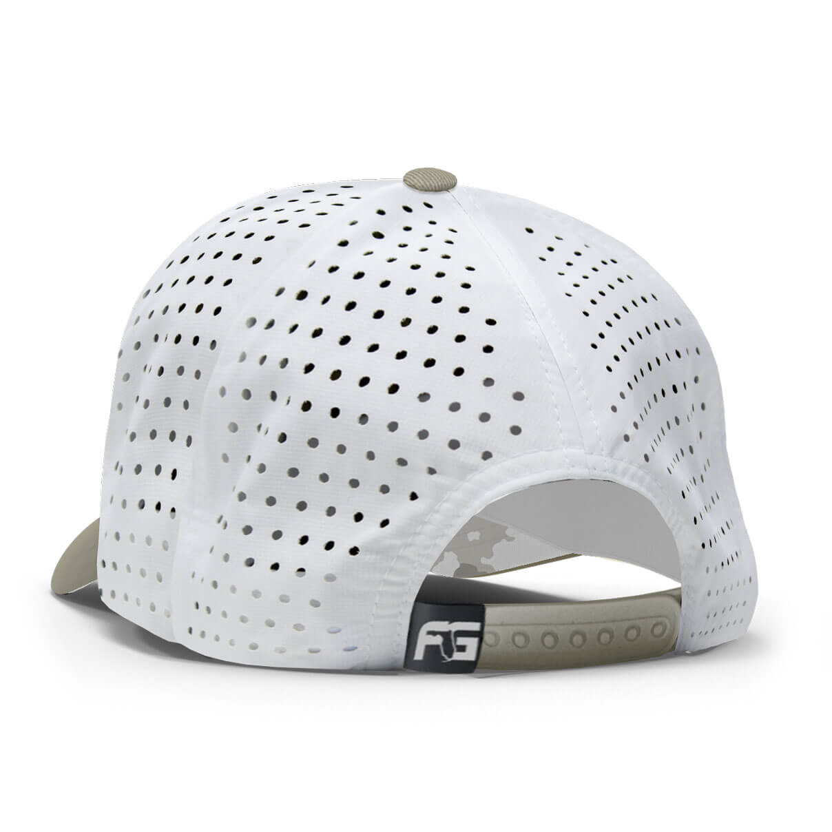 Back view featuring a white perforated backing and tan snapback