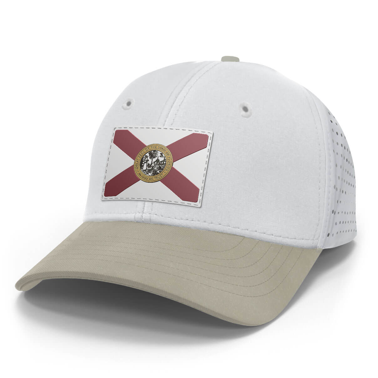 A white performance cap with a structured crown and tan bill, featuring a patch of the Florida state flag on the front.