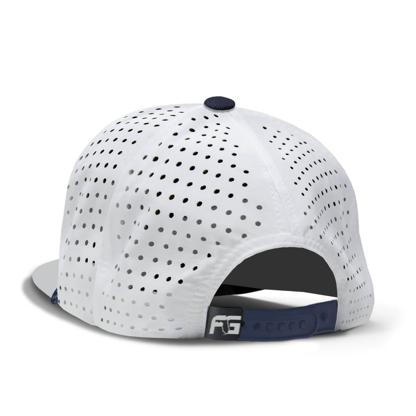 Back view showing a perforated backing and adjustable snapback.