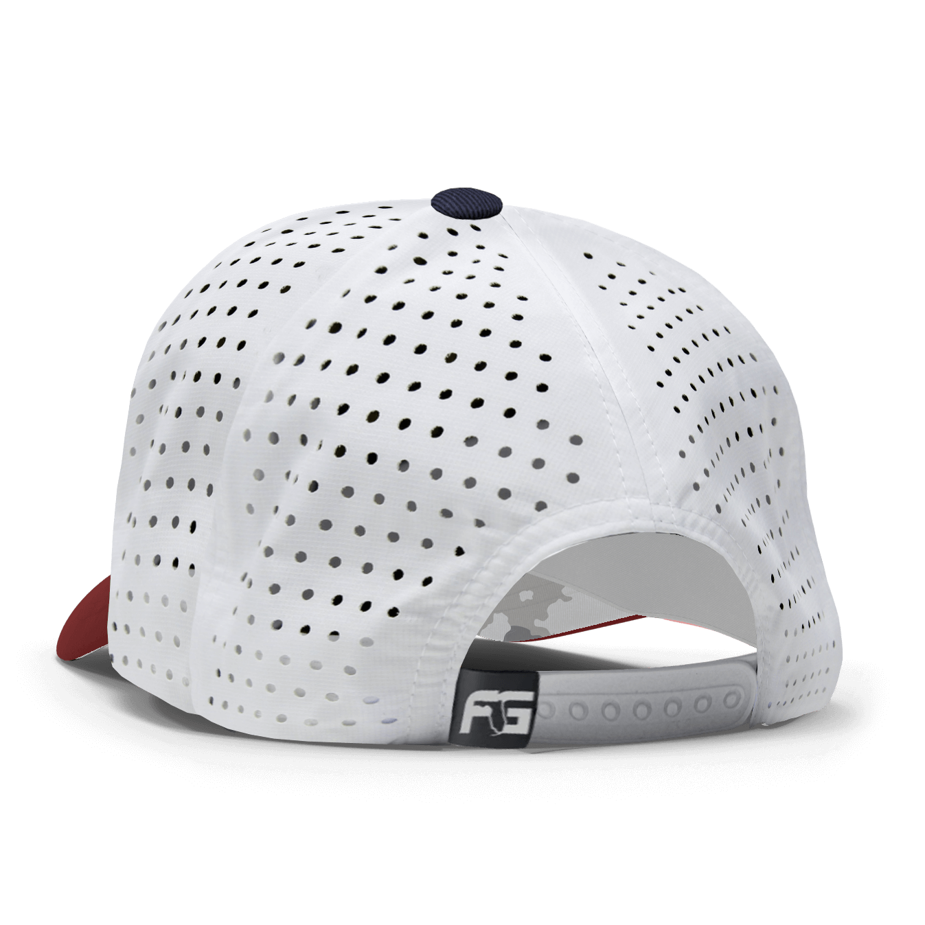 The back view of a men's performance hat with perforated top and snapback.