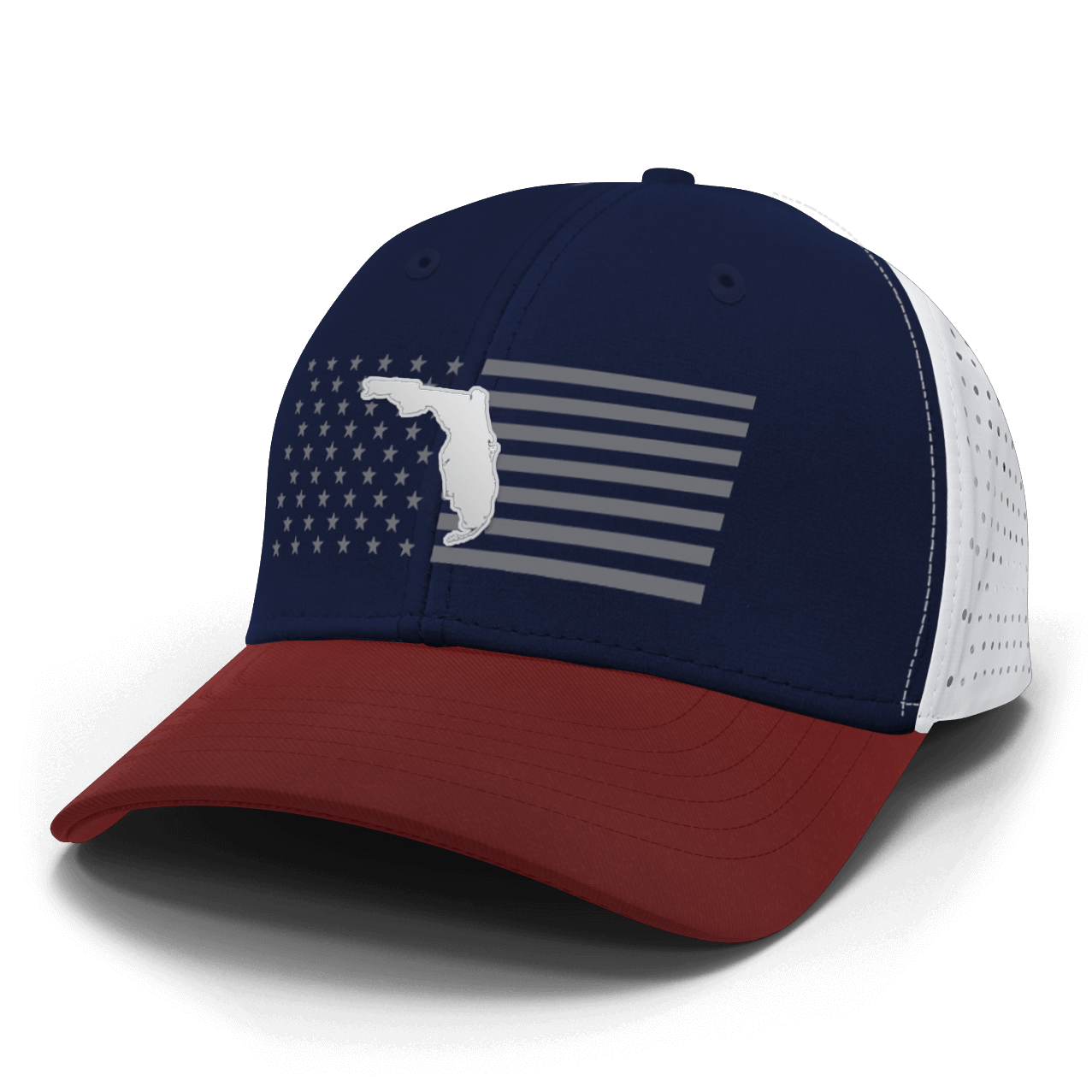 A red, white, and blue men's performance cap with a structured crown, featuring a American flag design on the front.