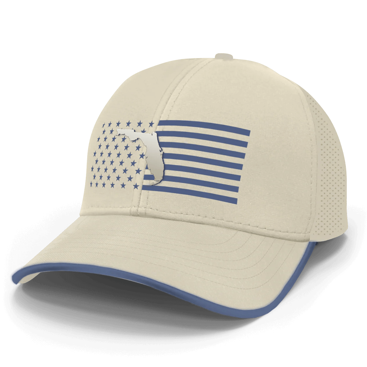 Beige cap with a blue American flag design behind a Florida outline patch