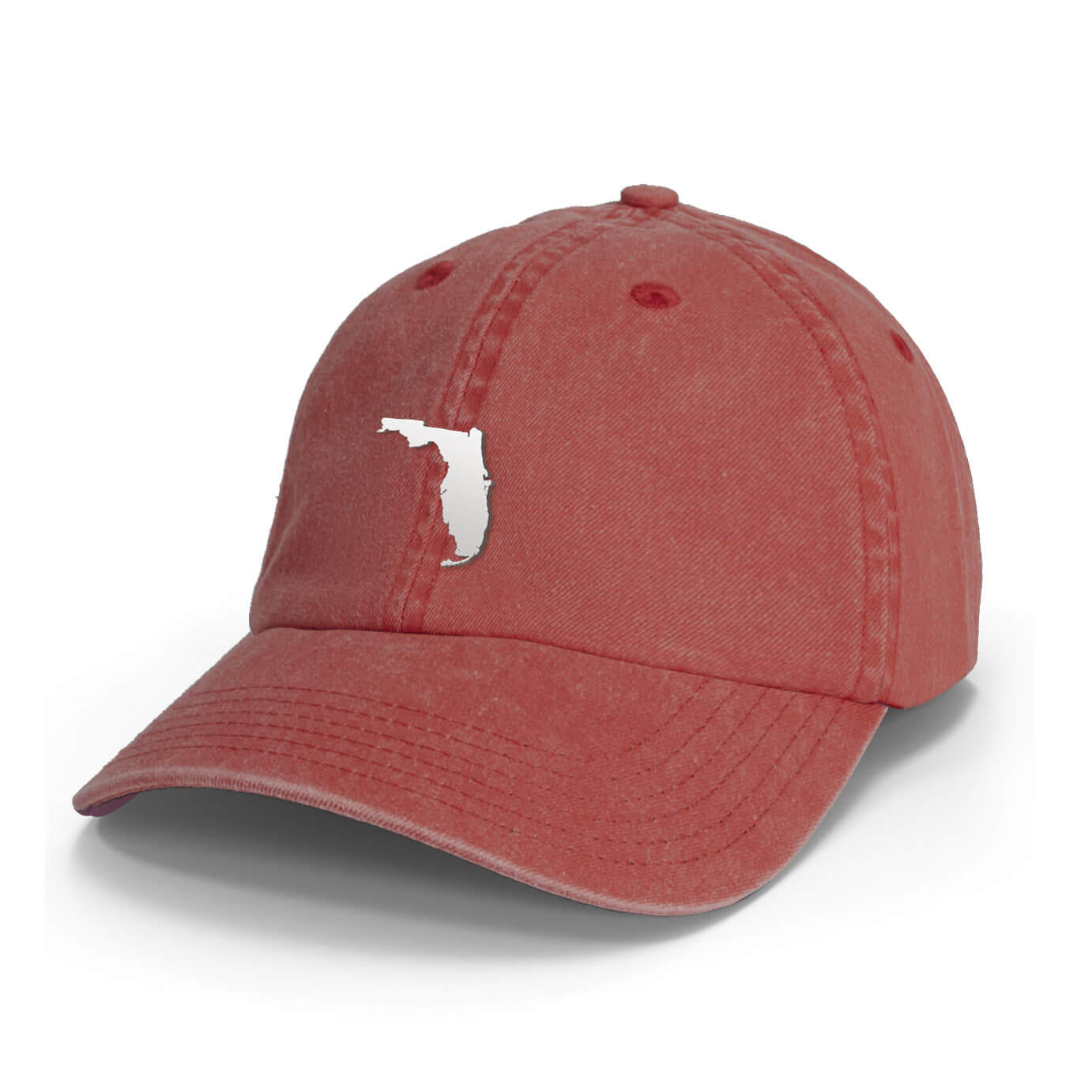 A red hat with a silver patch of the state of Florida on the crown.