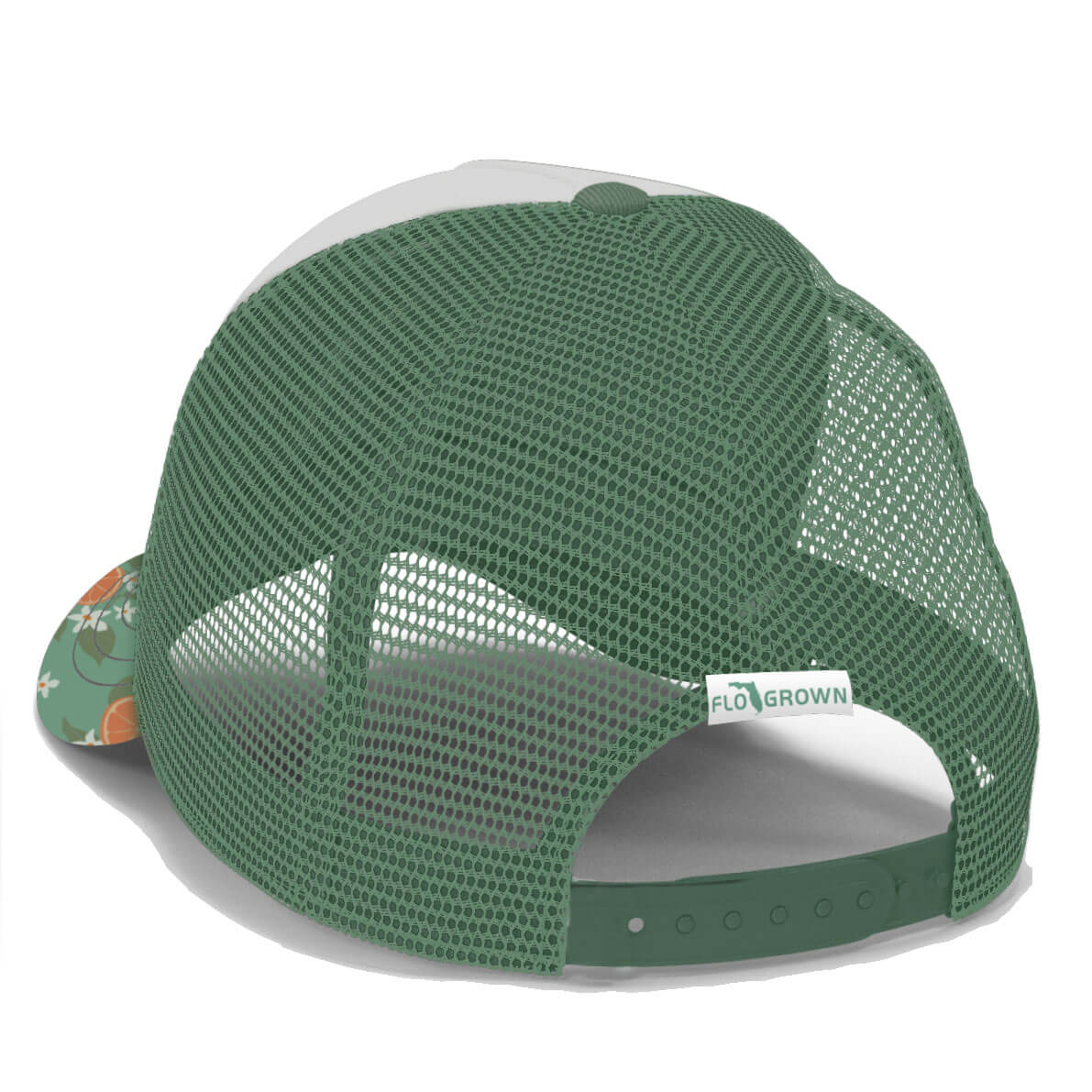Back view showing a green mesh backing and snapback.