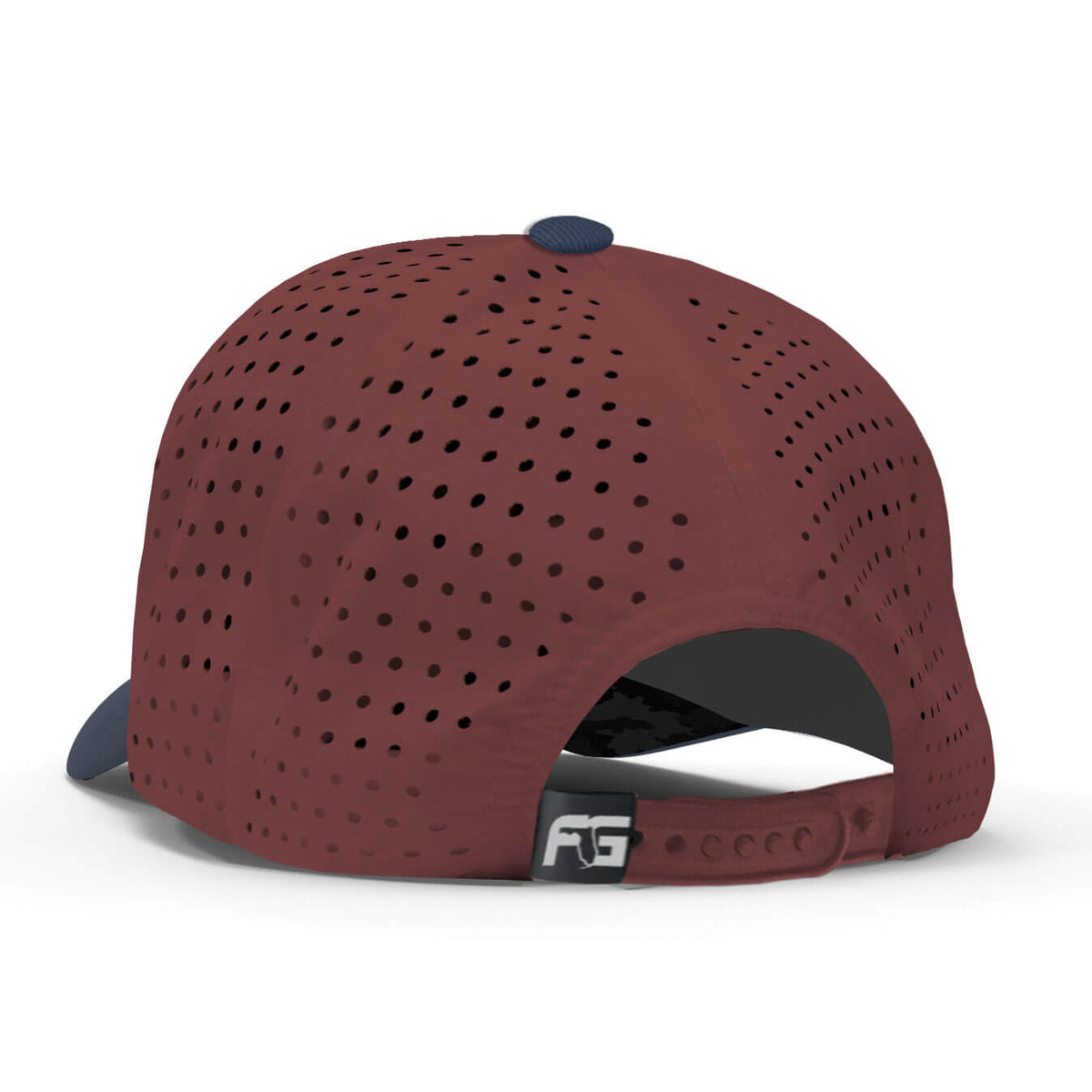 Back view showing the red perforated backing and snapback.