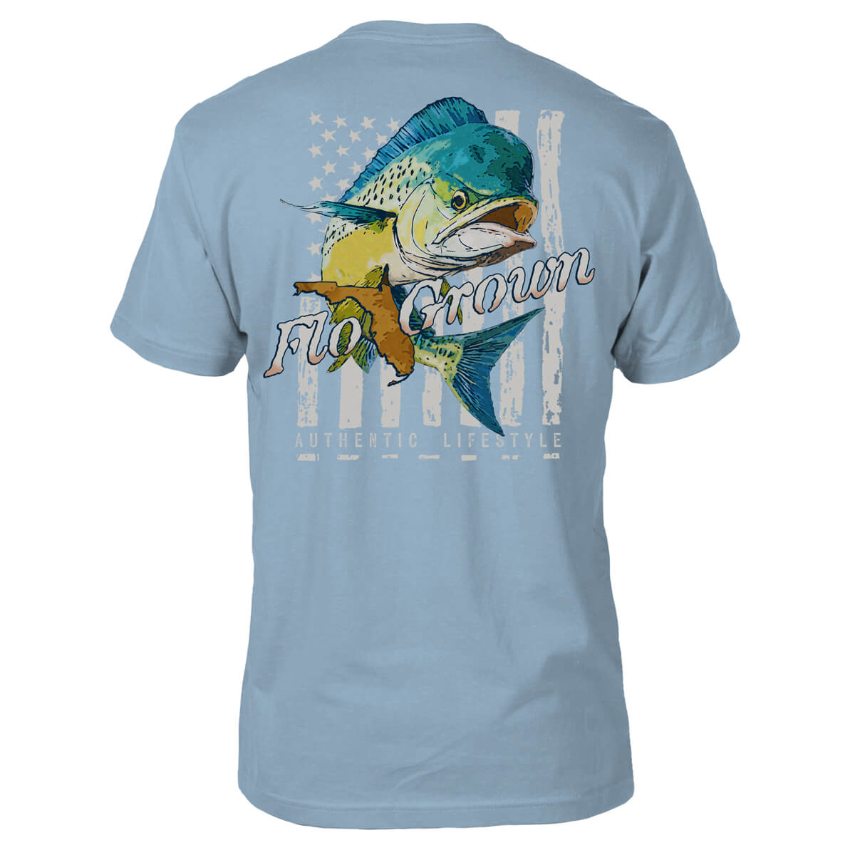 Front of a light blue men's t-shirt with a dolphin fish over a vintage American flag