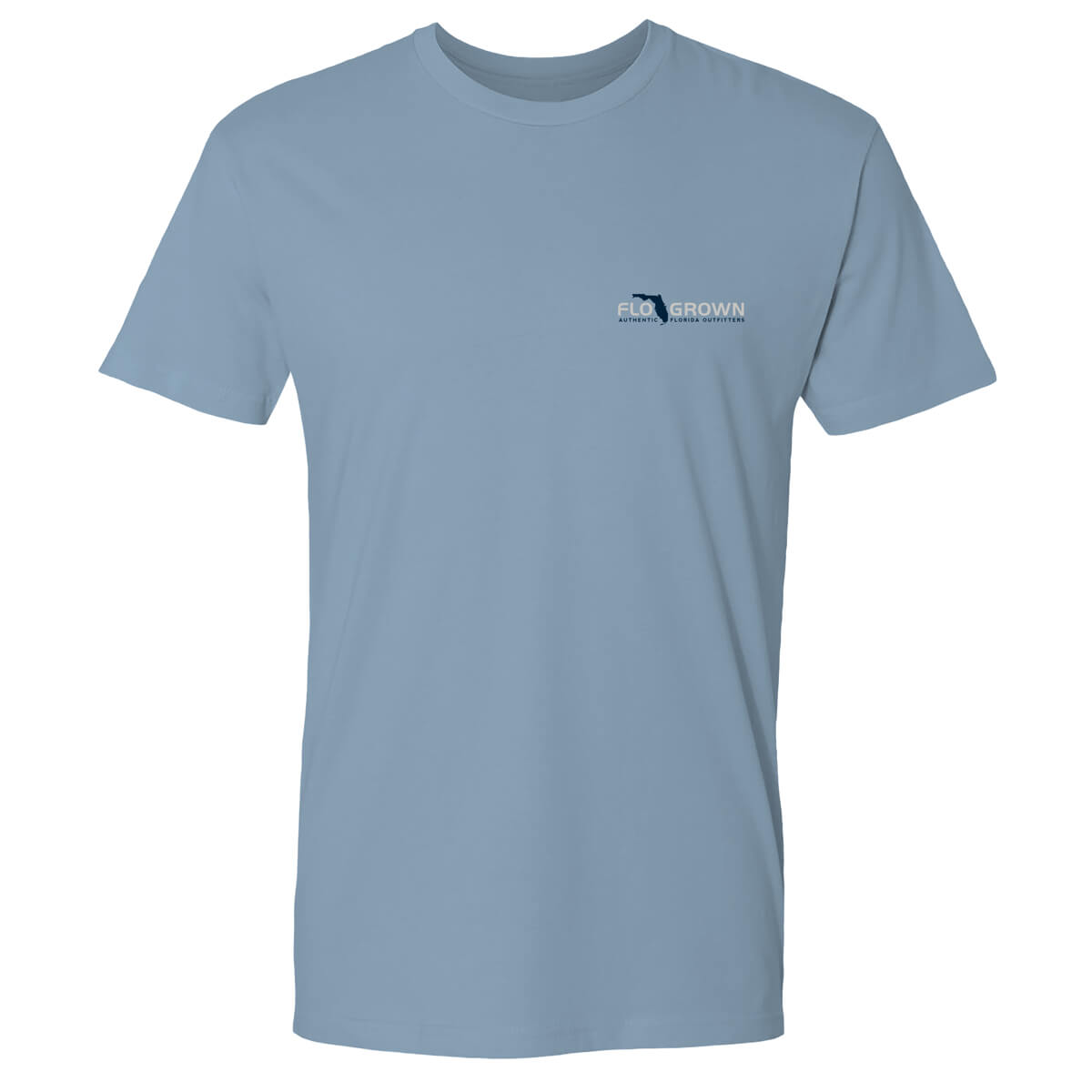 Front of a light blue men's t-shirt with the FloGrown logo on the left chest