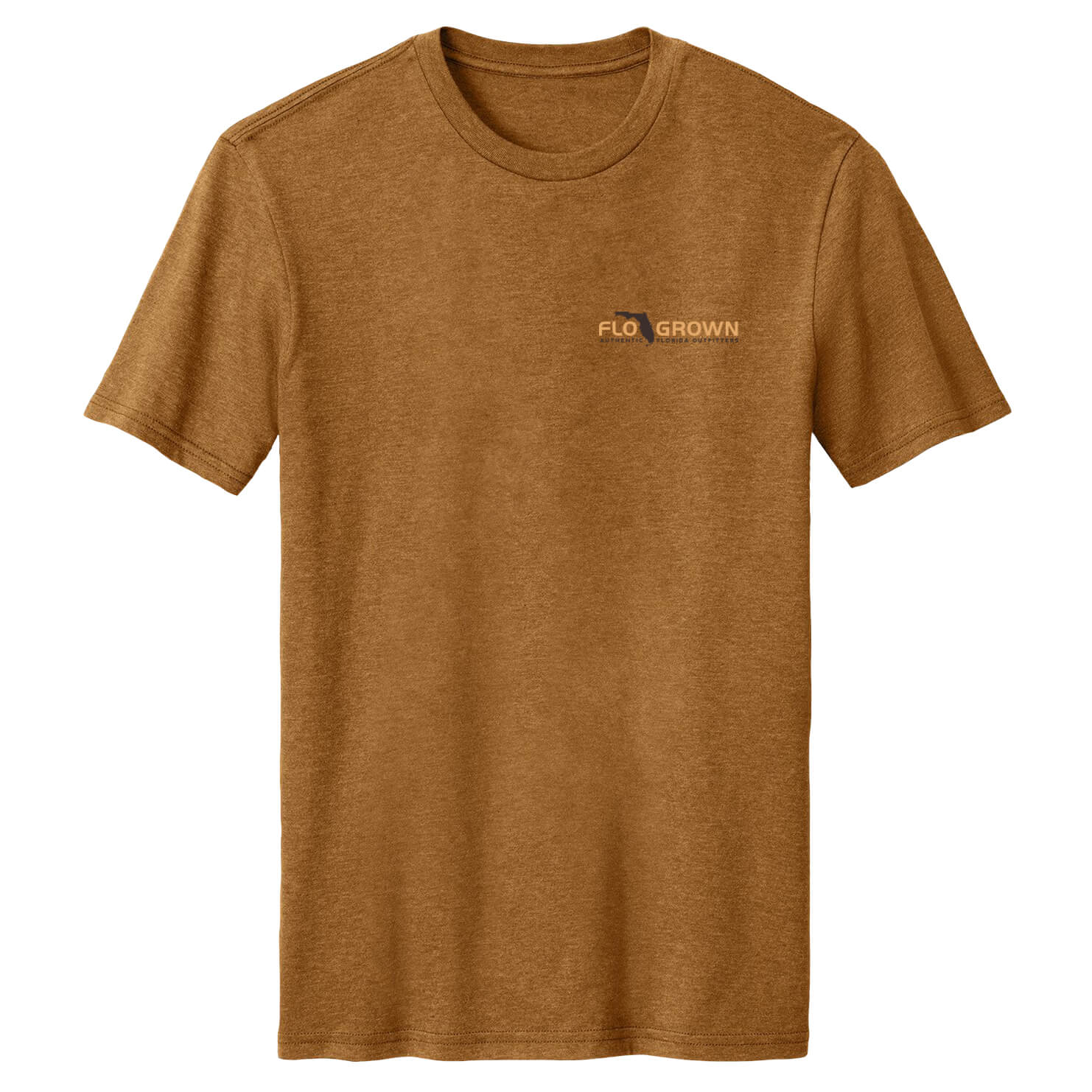 Brown t-shirt with FloGrown logo on the left chest