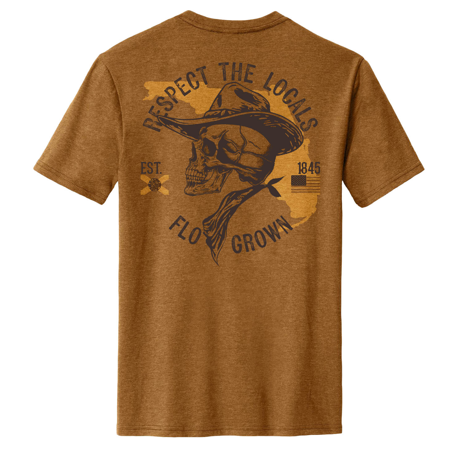 Brown t-shirt with graphic design on the back featuring a cowboy skull and 'Respect the Locals' text.