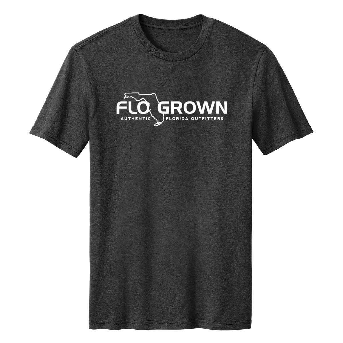 Dark gray t-shirt with white FloGrown logo across the chest.