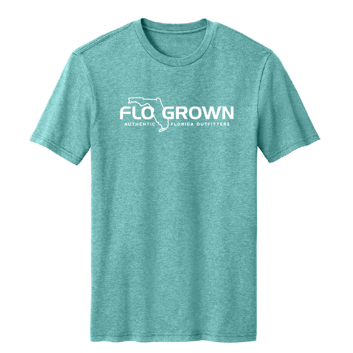 Teal t-shirt with white FloGrown logo across the chest.