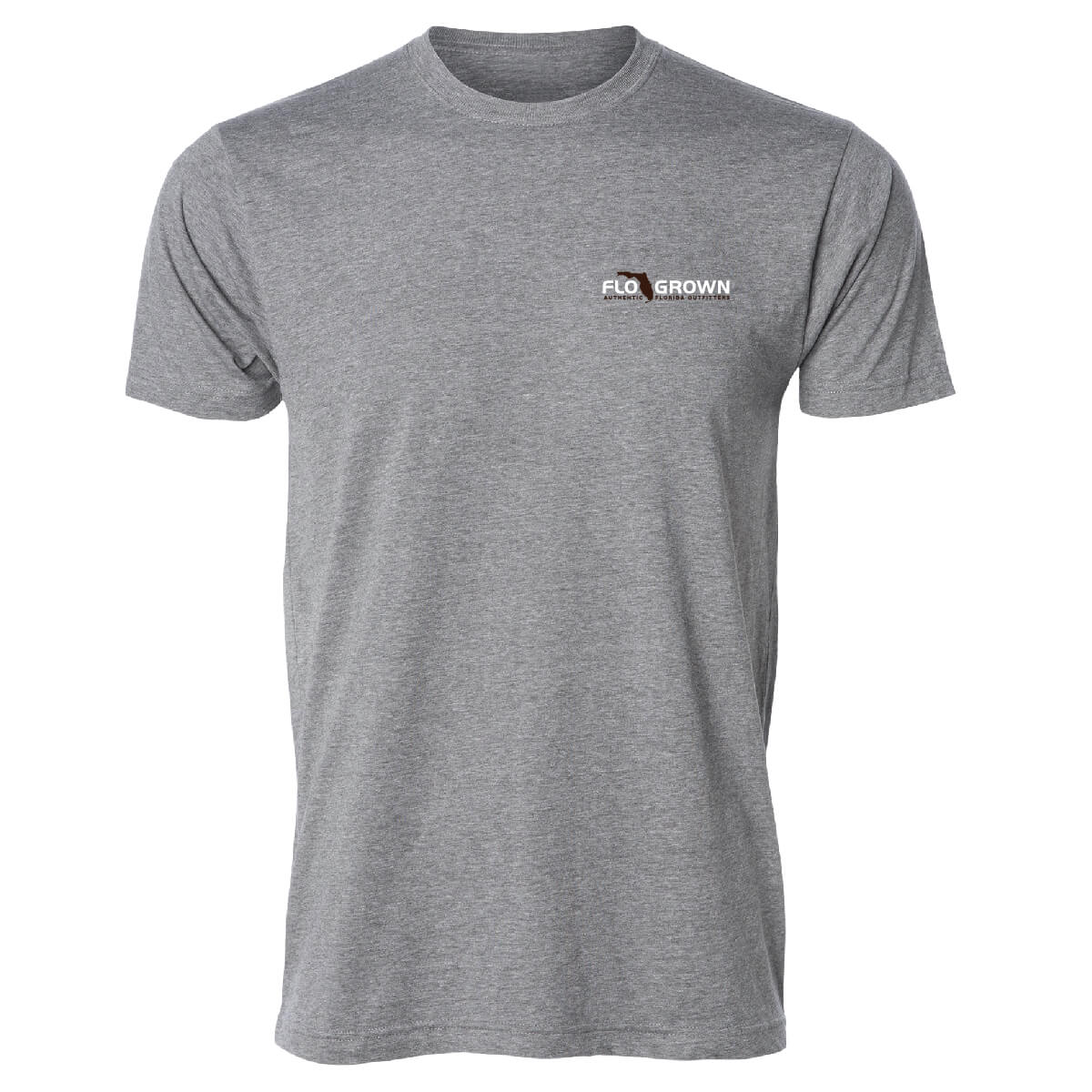 Front of a gray men's t-shirt with a FloGrown logo on the left chest