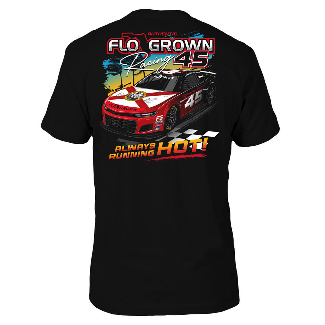 Black t-shirt with a racing car graphic and text 'Always Running HOT'