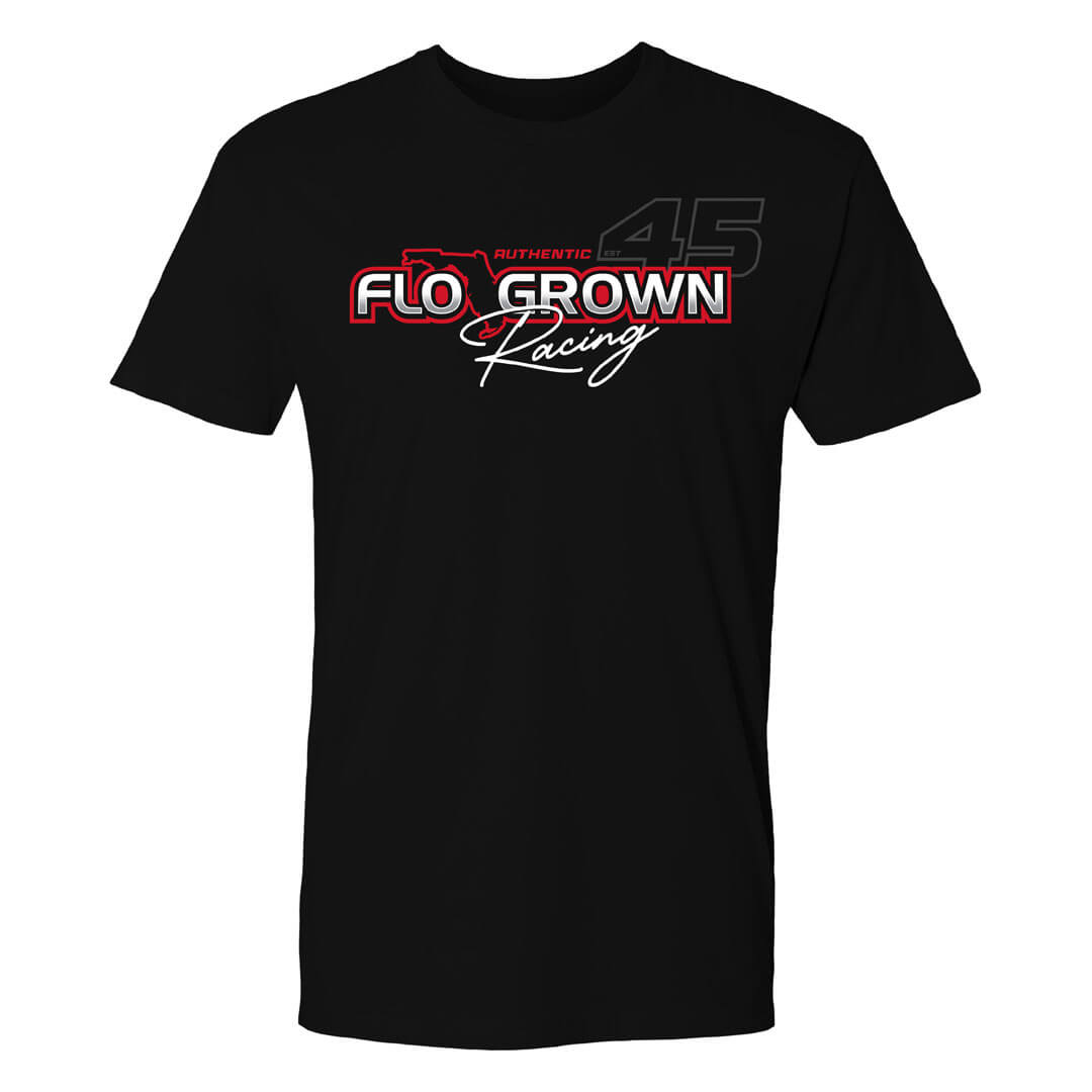 Black t-shirt with 'Flo Grown Racing' logo on a white background