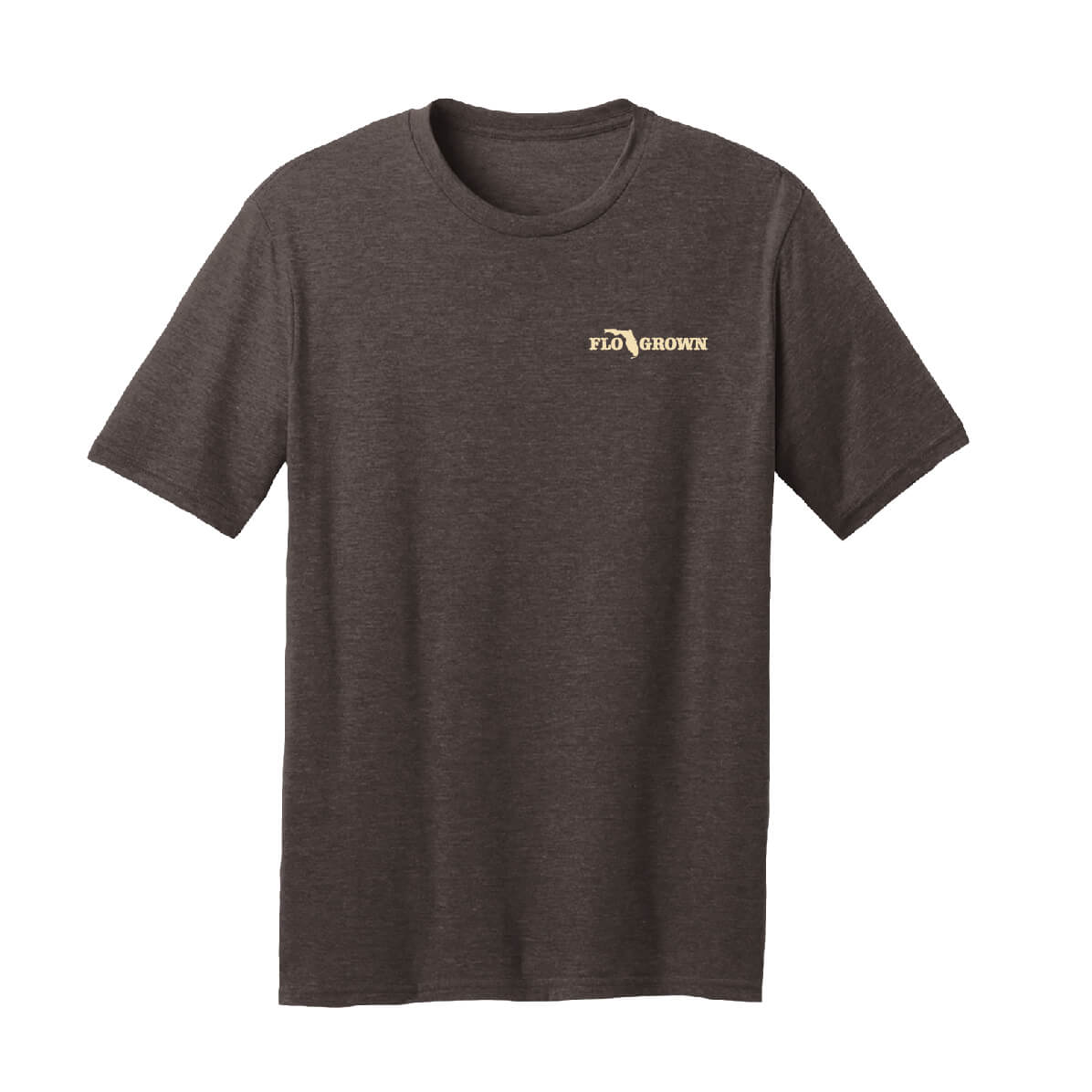 The front of a gray men's t-shirt with the FloGrown logo on the left chest