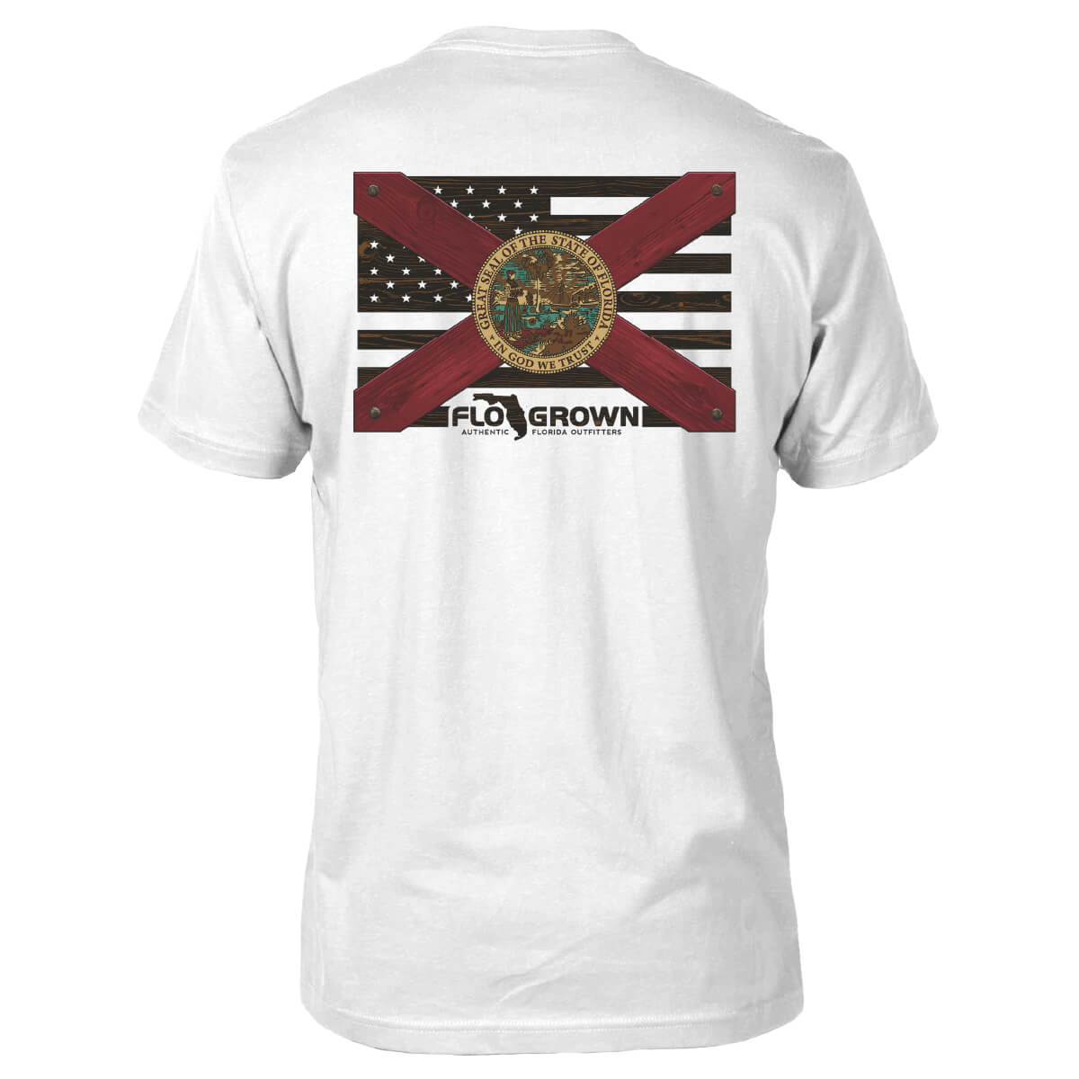 White t-shirt with a graphic design on the back featuring an American flag behind the Florida flag and the FloGrown logo