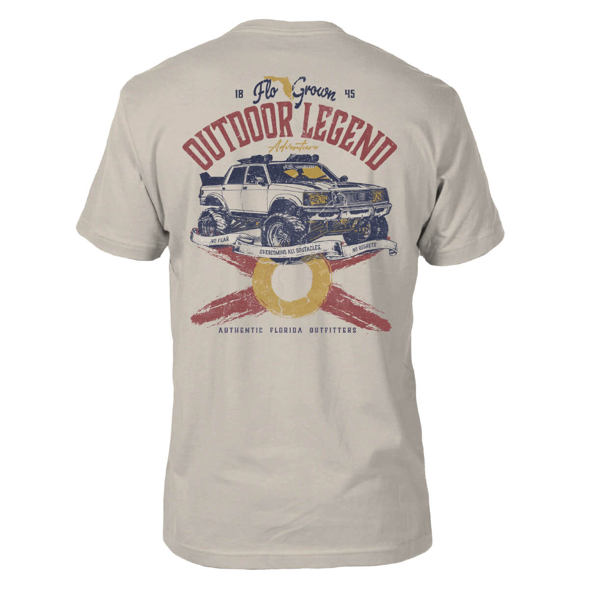 Back of beige t-shirt with a vintage design featuring a truck and the Florida flag with text 'OUTDOOR LEGEND'.
