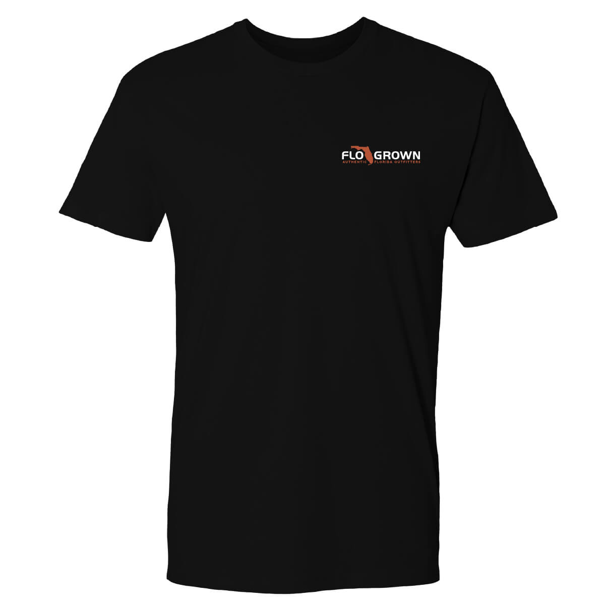 Black t-shirt with FloGrown logo on left chest