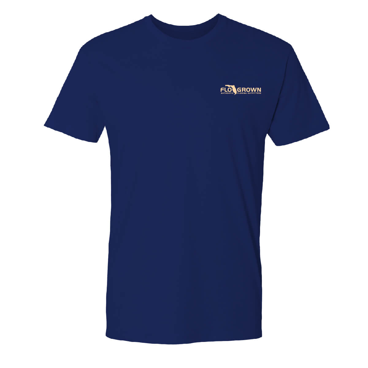 Front of navy blue men's t-shirt with the FloGrown logo on the left chest
