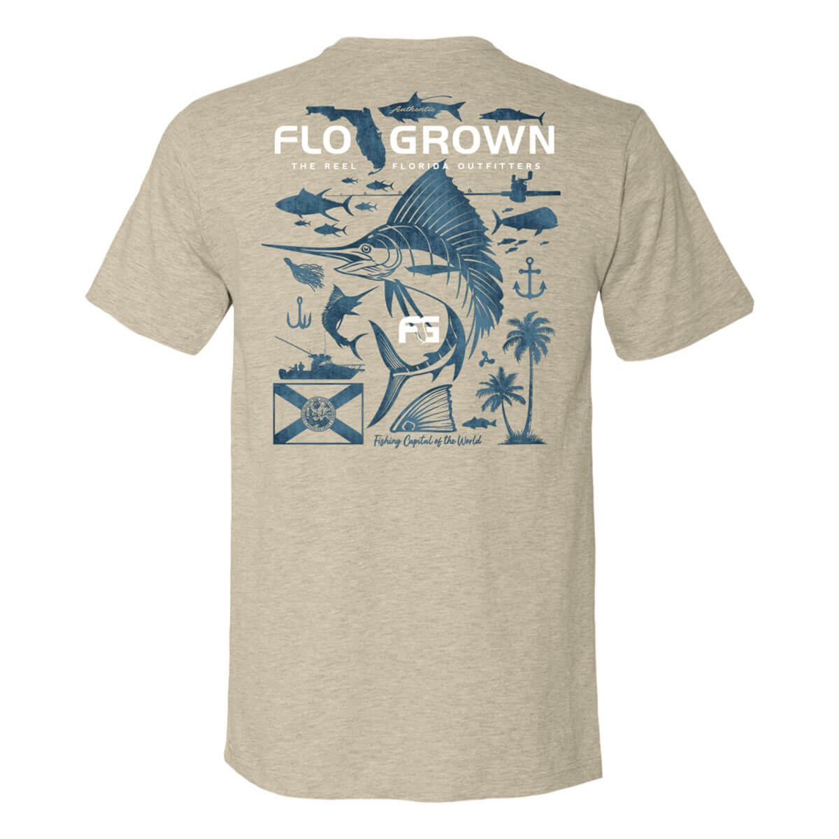 Beige t-shirt with blue fishing-themed graphics containing different saltwater fish and fishing tools.