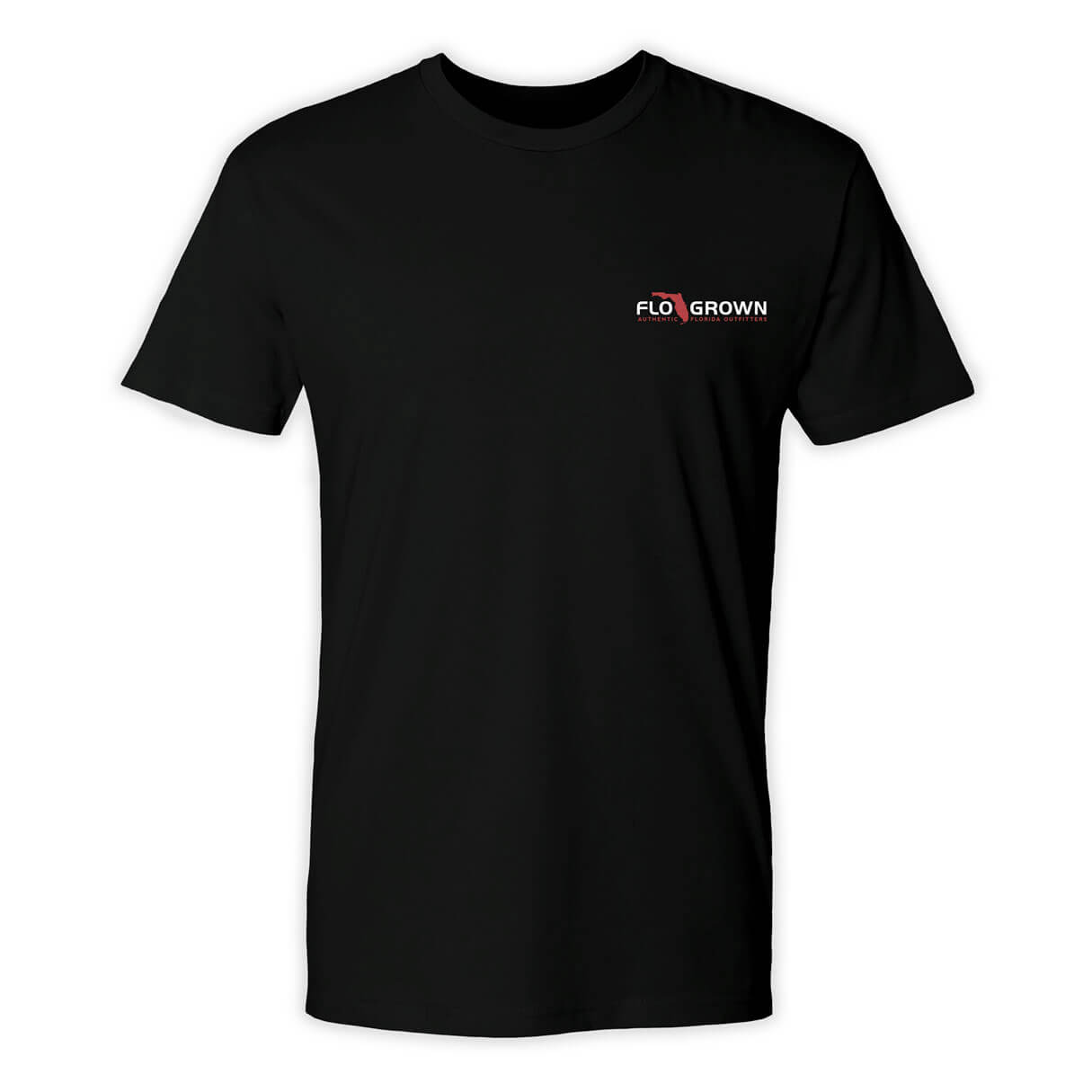 Black t-shirt with FloGrown logo on left chest