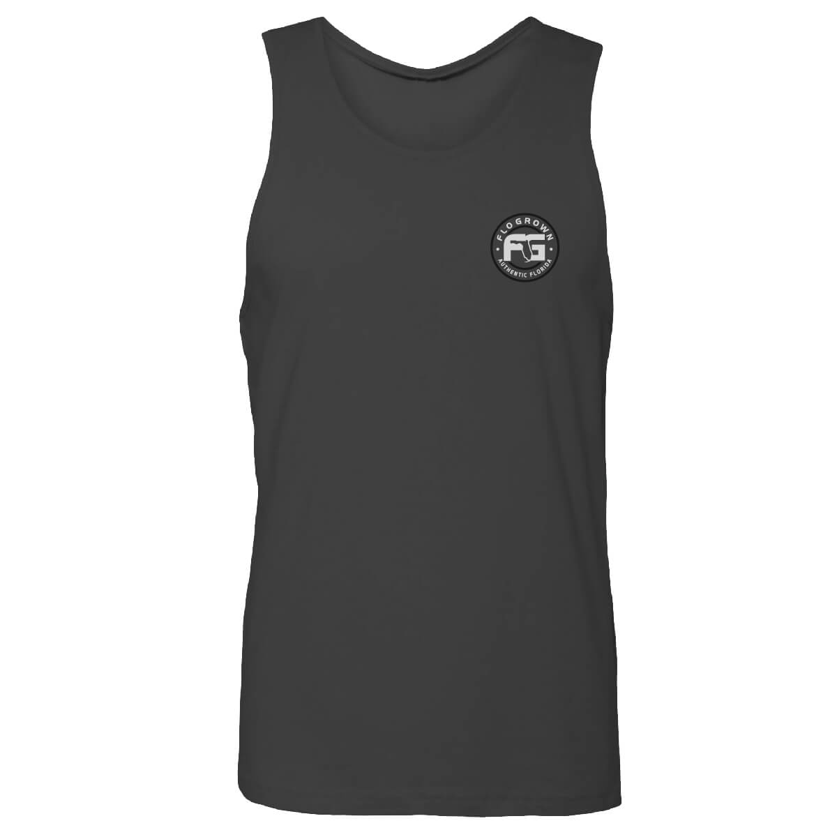 Front of black men's tank top with circle FloGrown logo on the left chest