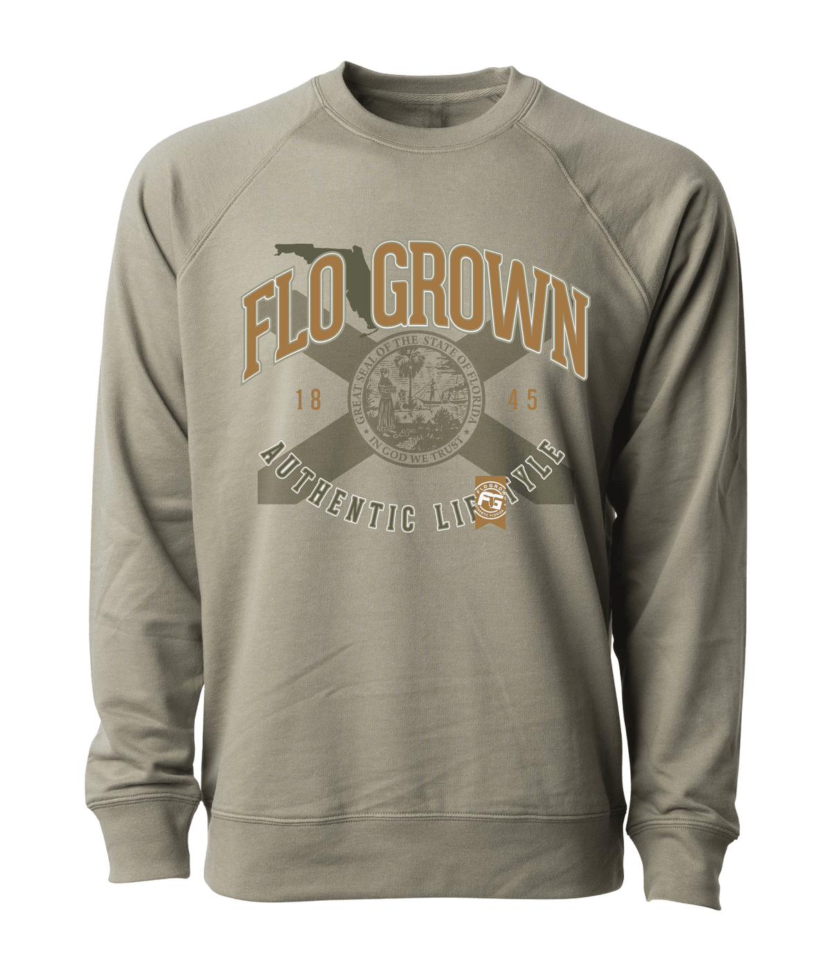 Green sweater with a Florida flag and the text 'AUTHENTIC LIFESTYLE' and the FloGrown logo.