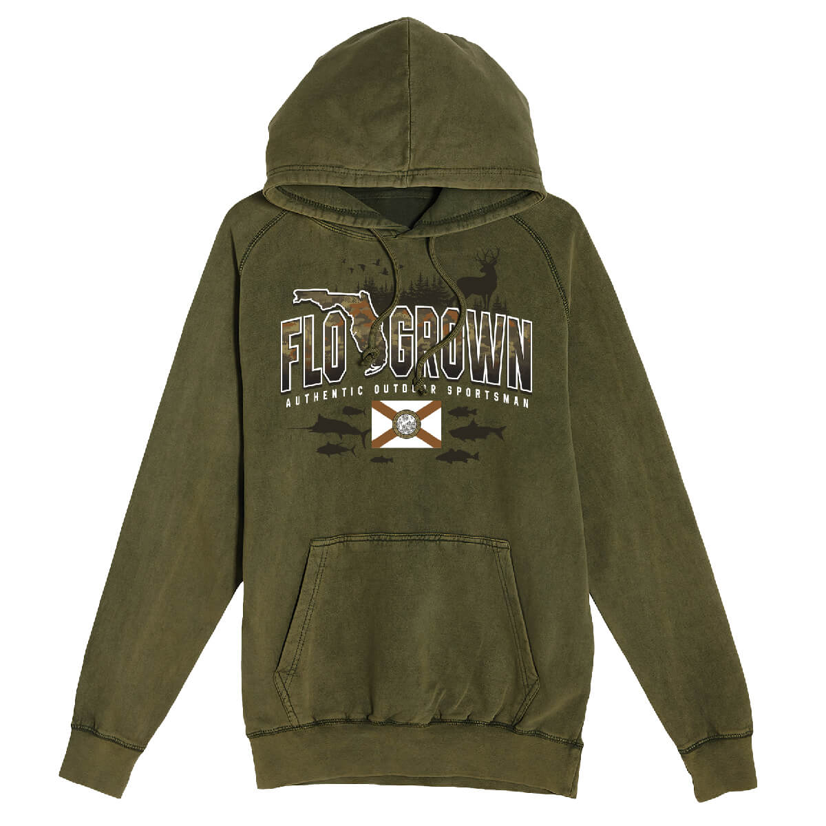 A green hoodie with the text 'FLO GROWN - AUTHENTIC OUTDOOR SPORTSMAN' printed on the front.