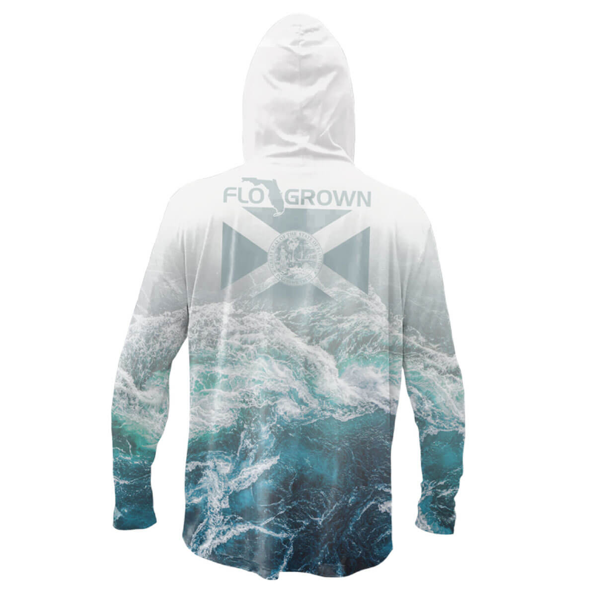 The back of a men's performance hoodie with a graphic of ocean waves and featuring the Florida flag and FloGrown logo across the upper back