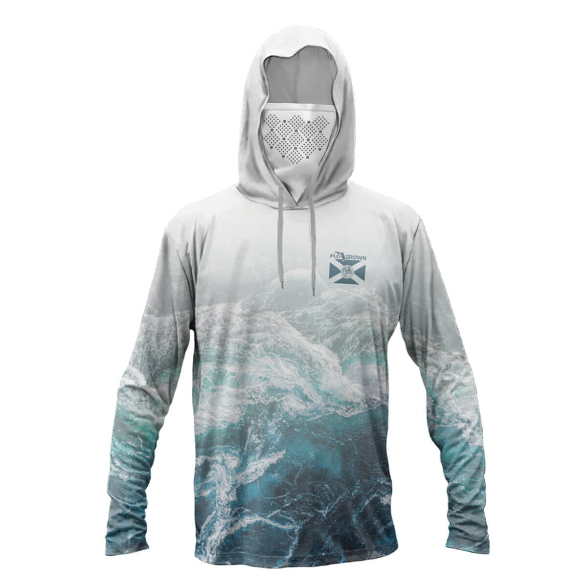 The front of a hooded men's performance hoodie with a design of ocean waves and the Florida flag on the left chest
