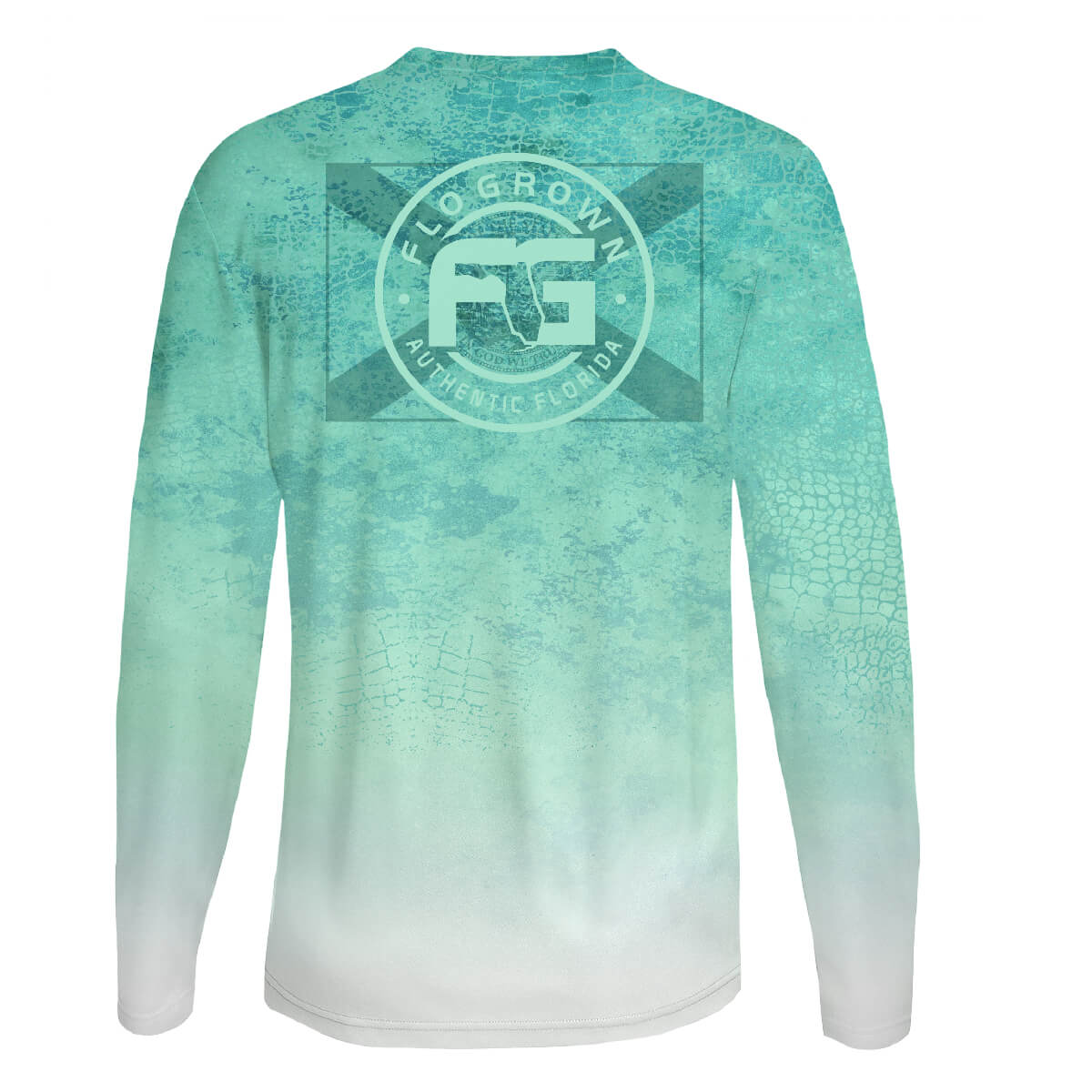 The back of a teal long-sleeved men's performance t-shirt with scattered gator skin patterns and the Florida flag covered by the FloGrown seal that fades into white