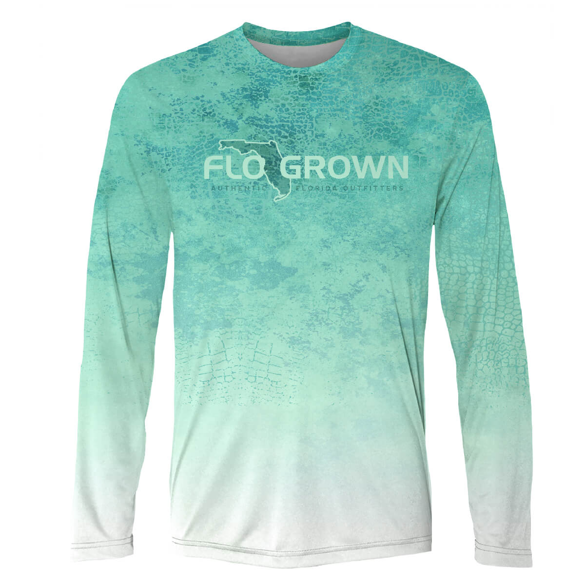 The front of a teal long-sleeved men's performance t-shirt with scattered gator skin patterns that fades into white