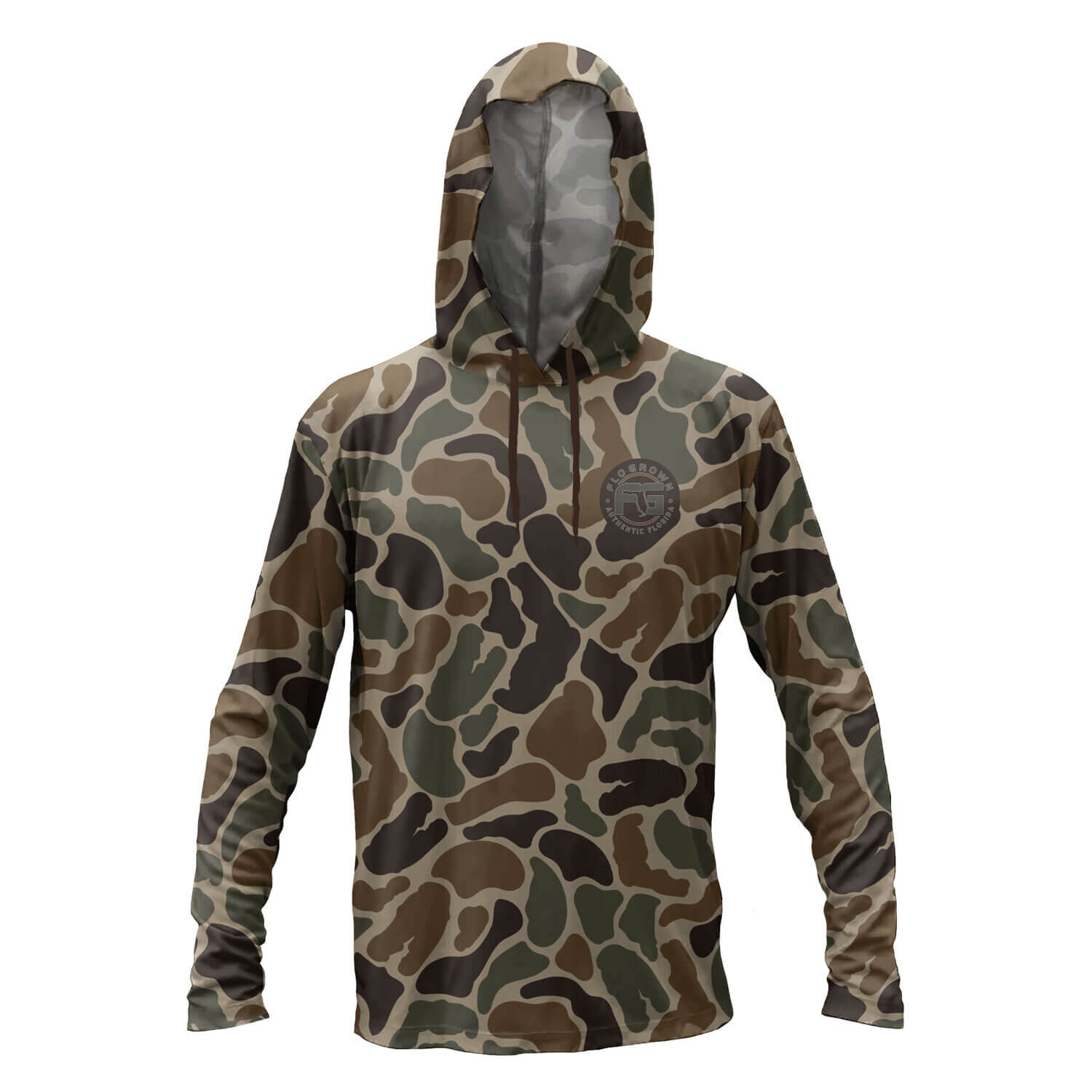 A camouflage pattern performance hoodie with a wide hood and long sleeves.