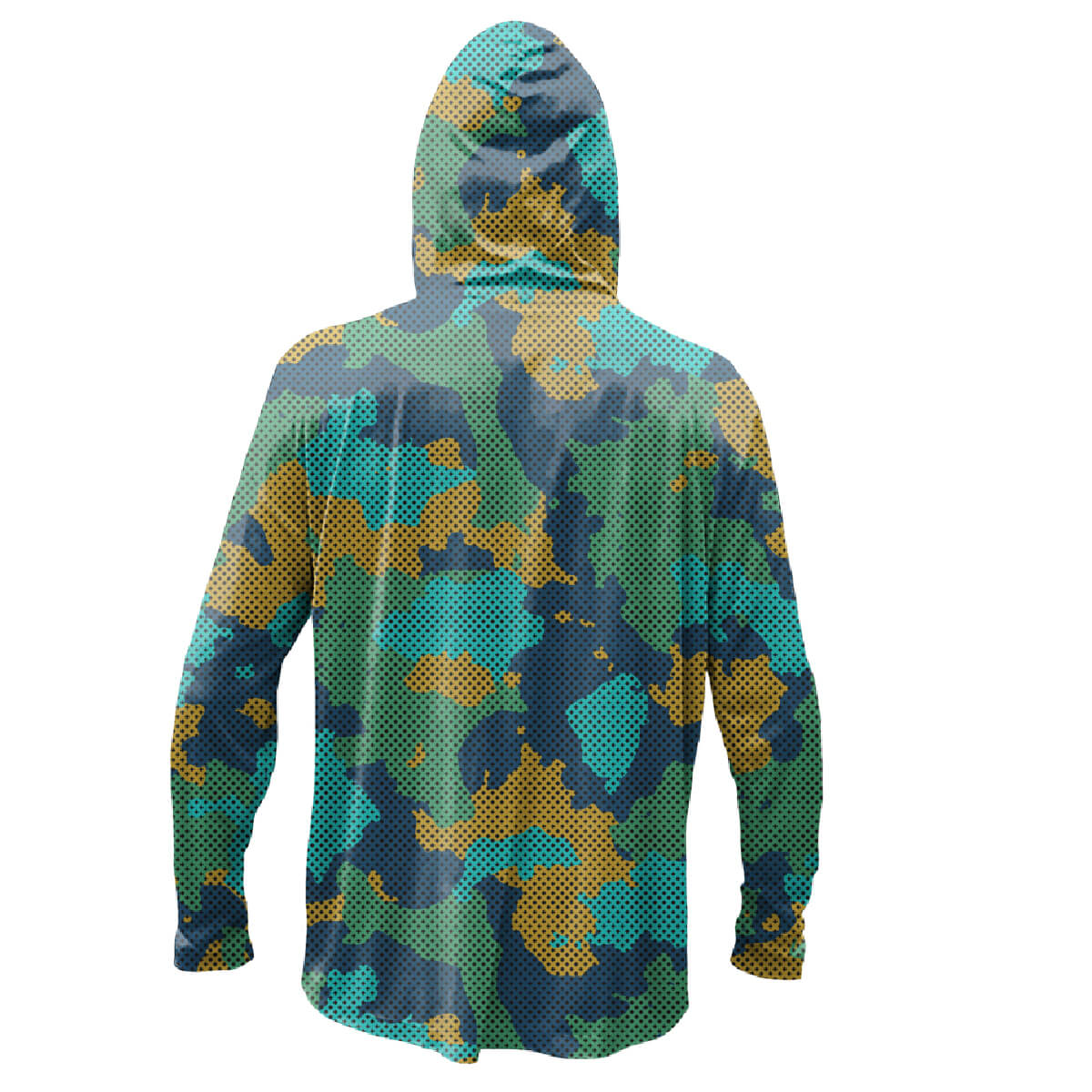 The back of a men's performance hoodie with a geometric camouflage pattern in multiple bright colors