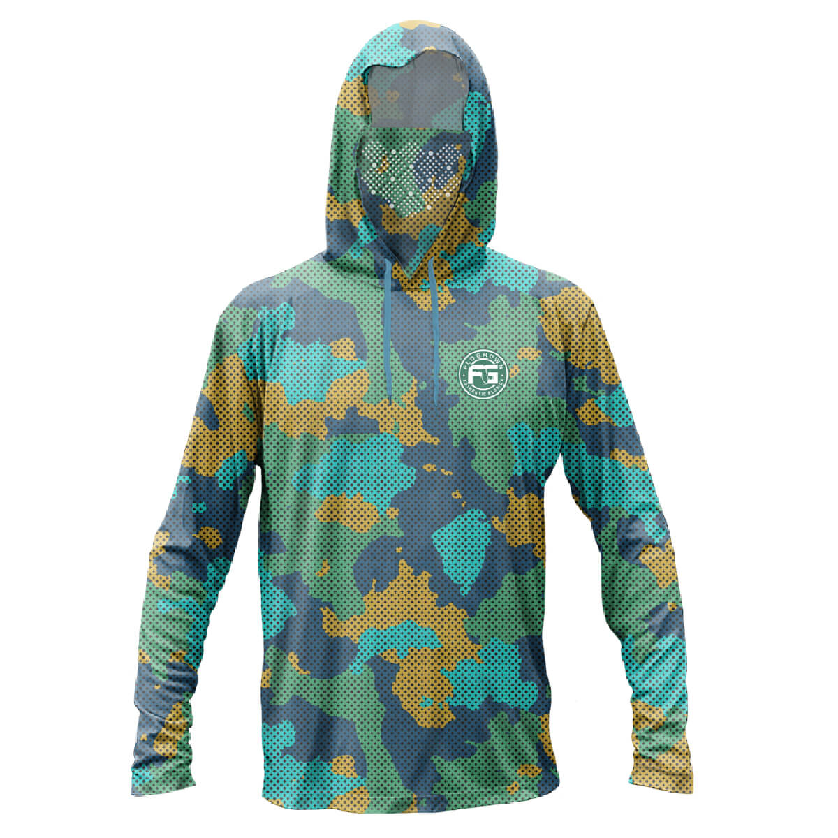The front of a camouflage patterned men's performance hoodie with a perforated face mask in multiple bright colors.