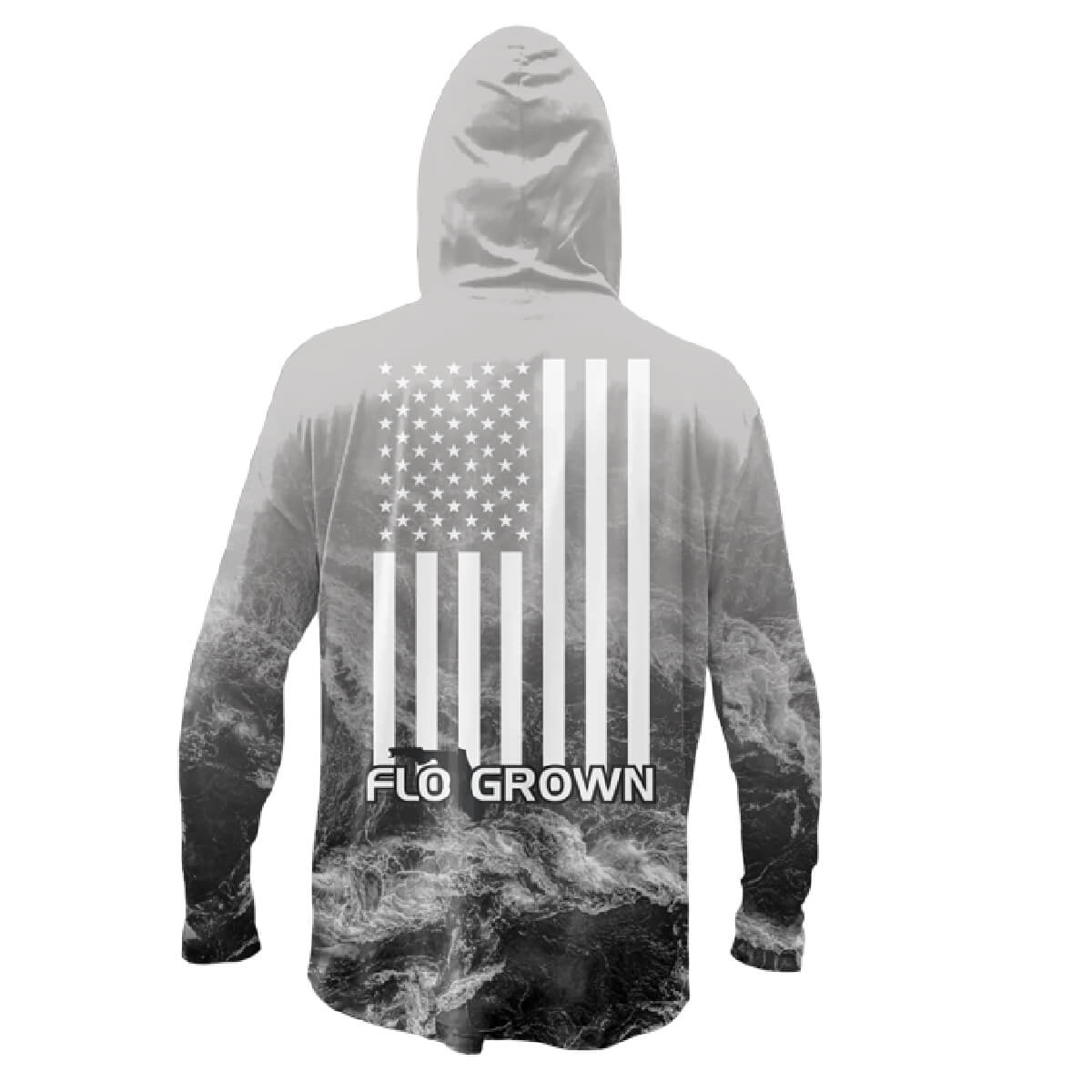 The back of a gray men's performance hoodie with the American flag down the back and the FloGrown logo at the bottom