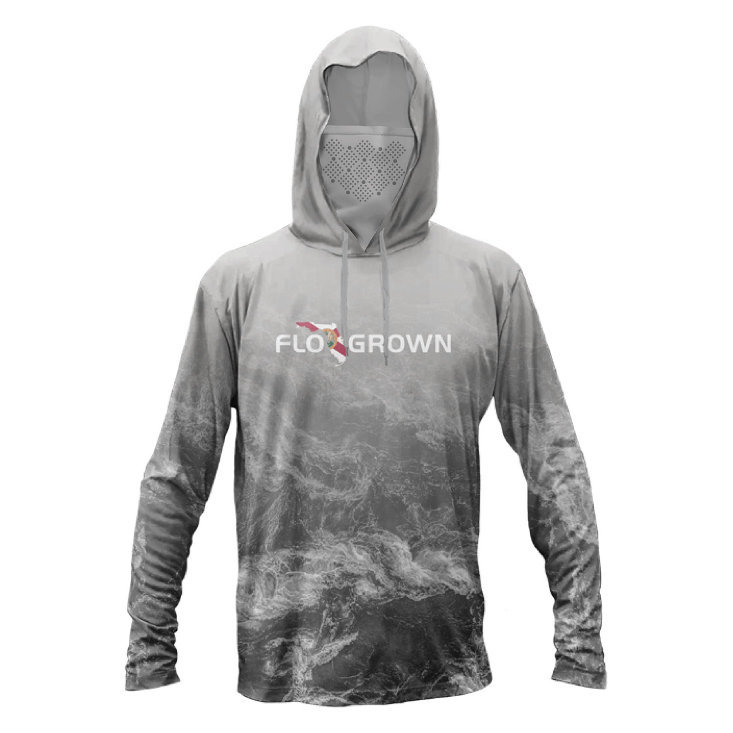 The front of a gray men's performance hoodie with a wide hood for sun protection, perforated face mask and a print of ocean waves with the FloGrown logo across the chest.