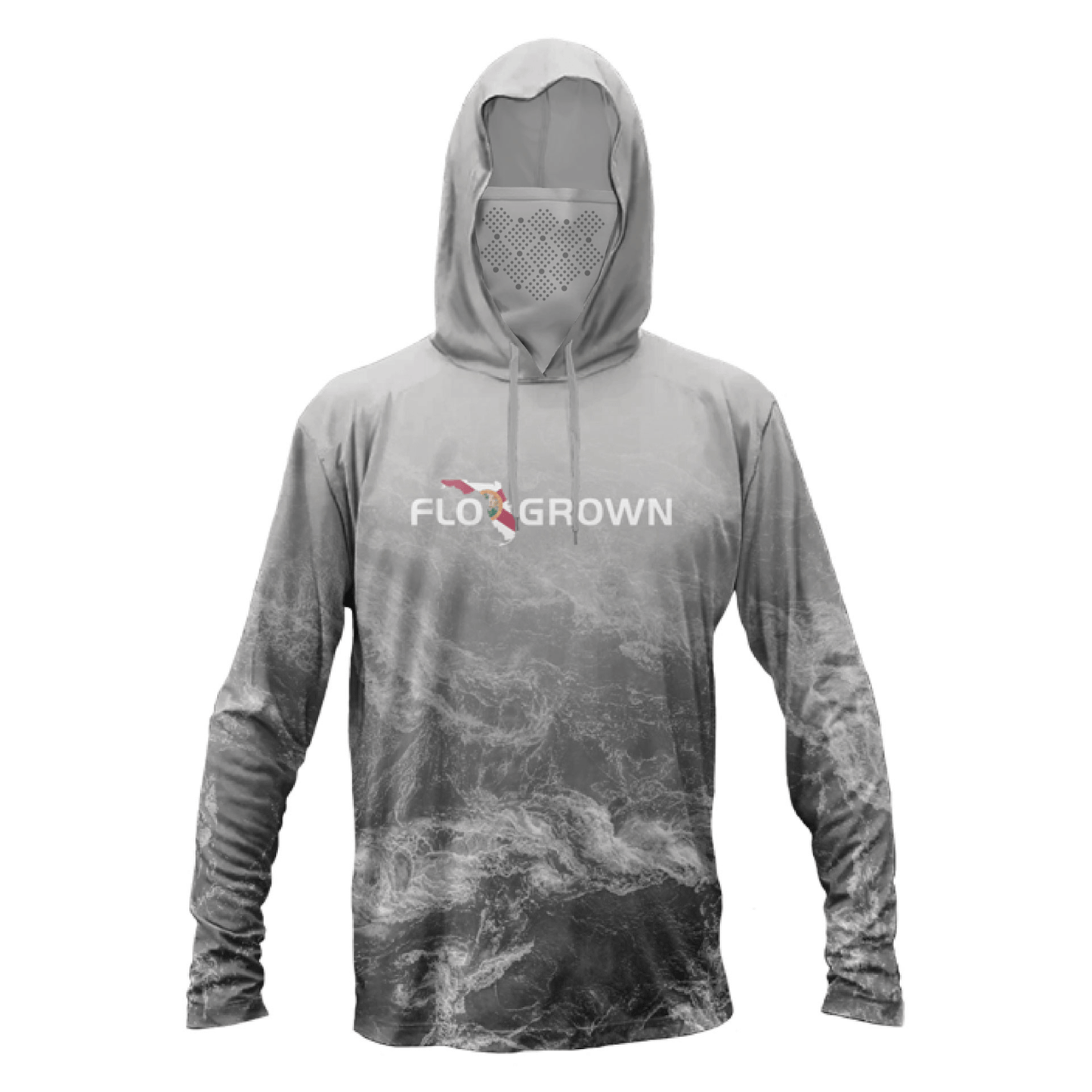 The front of a gray men's performance hoodie with a wide hood for sun protection, perforated face mask and a print of ocean waves with the FloGrown logo across the chest.