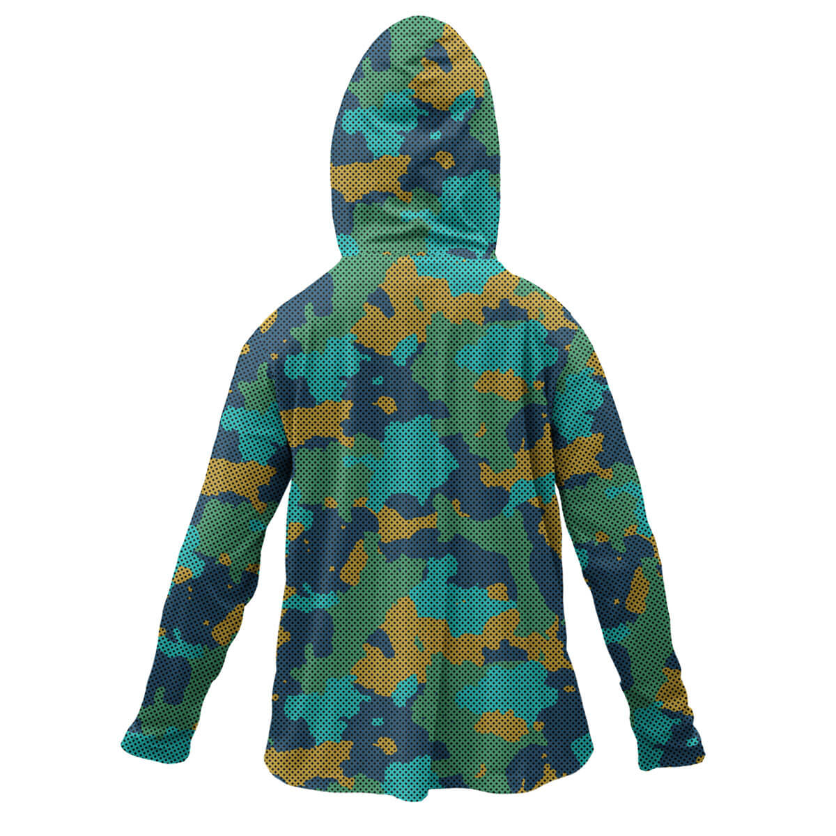 The back of a youth performance hoodie with a geometric, multi-colored camouflage pattern