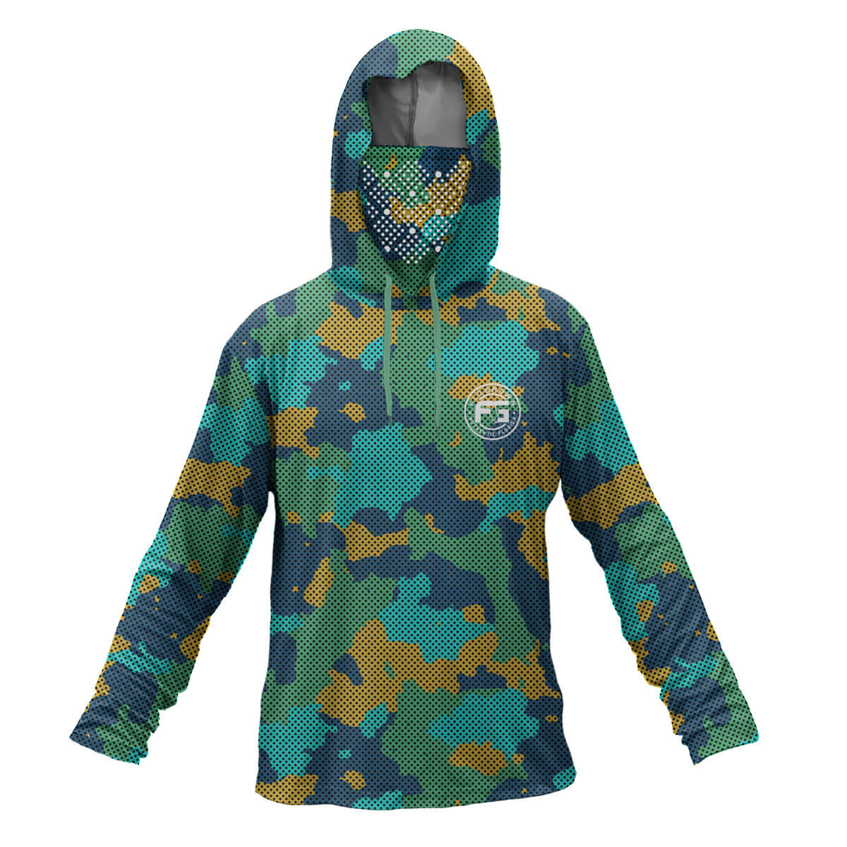 The front of a youth performance hoodie with a geometric, multi-colored camouflage pattern