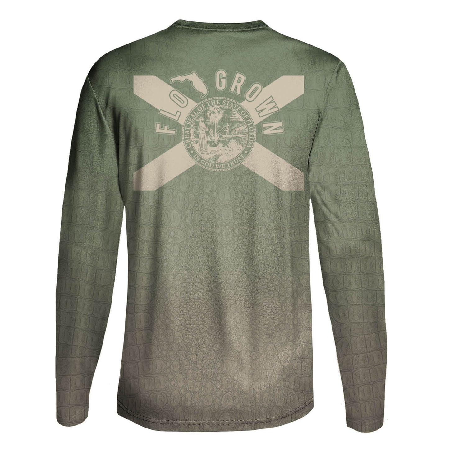 Green long-sleeve performance shirt with FloGrown logo over the Florida flag on the back and gator skin design