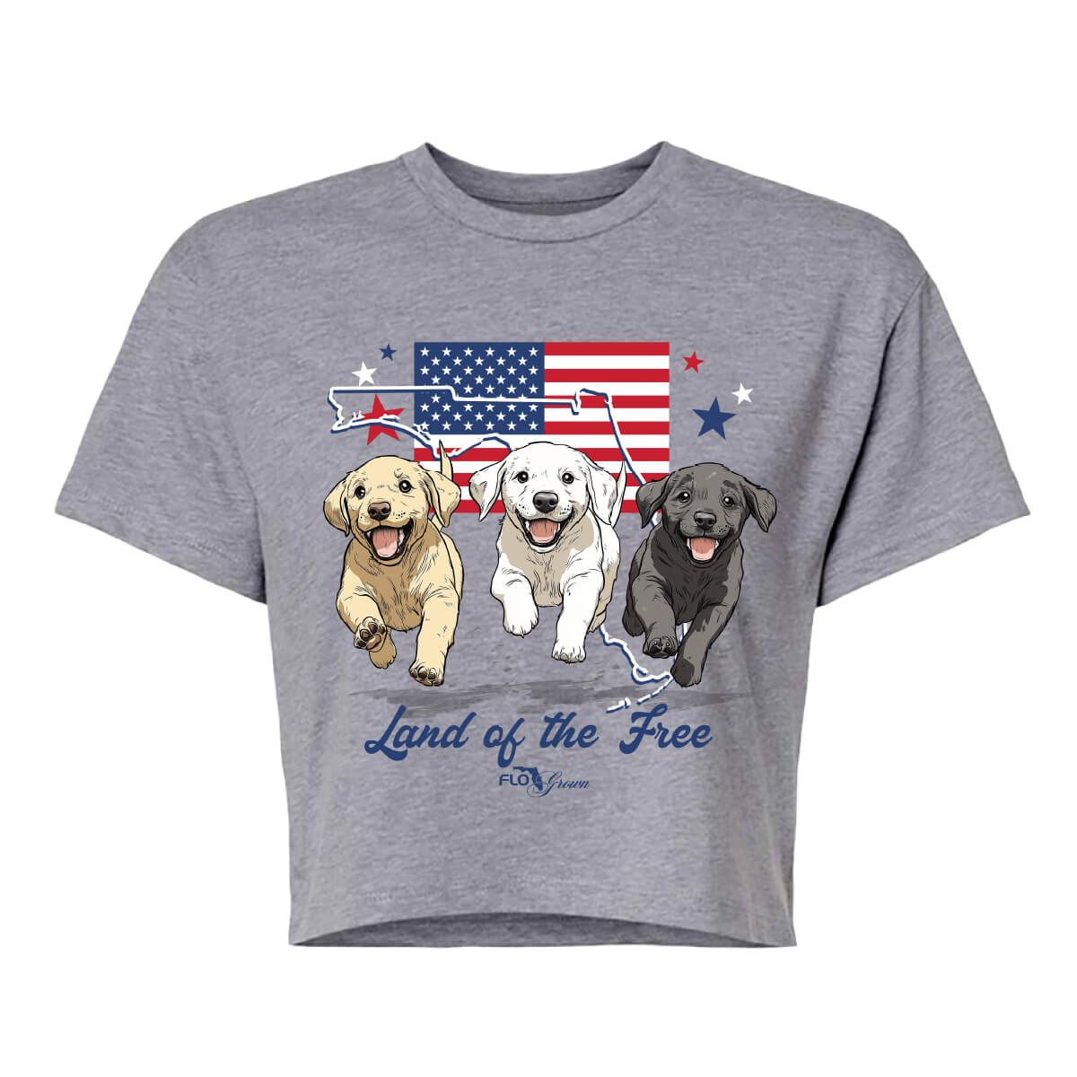 Gray crop top with a graphic of puppies running and an outline of Florida with a USA flag in the background.